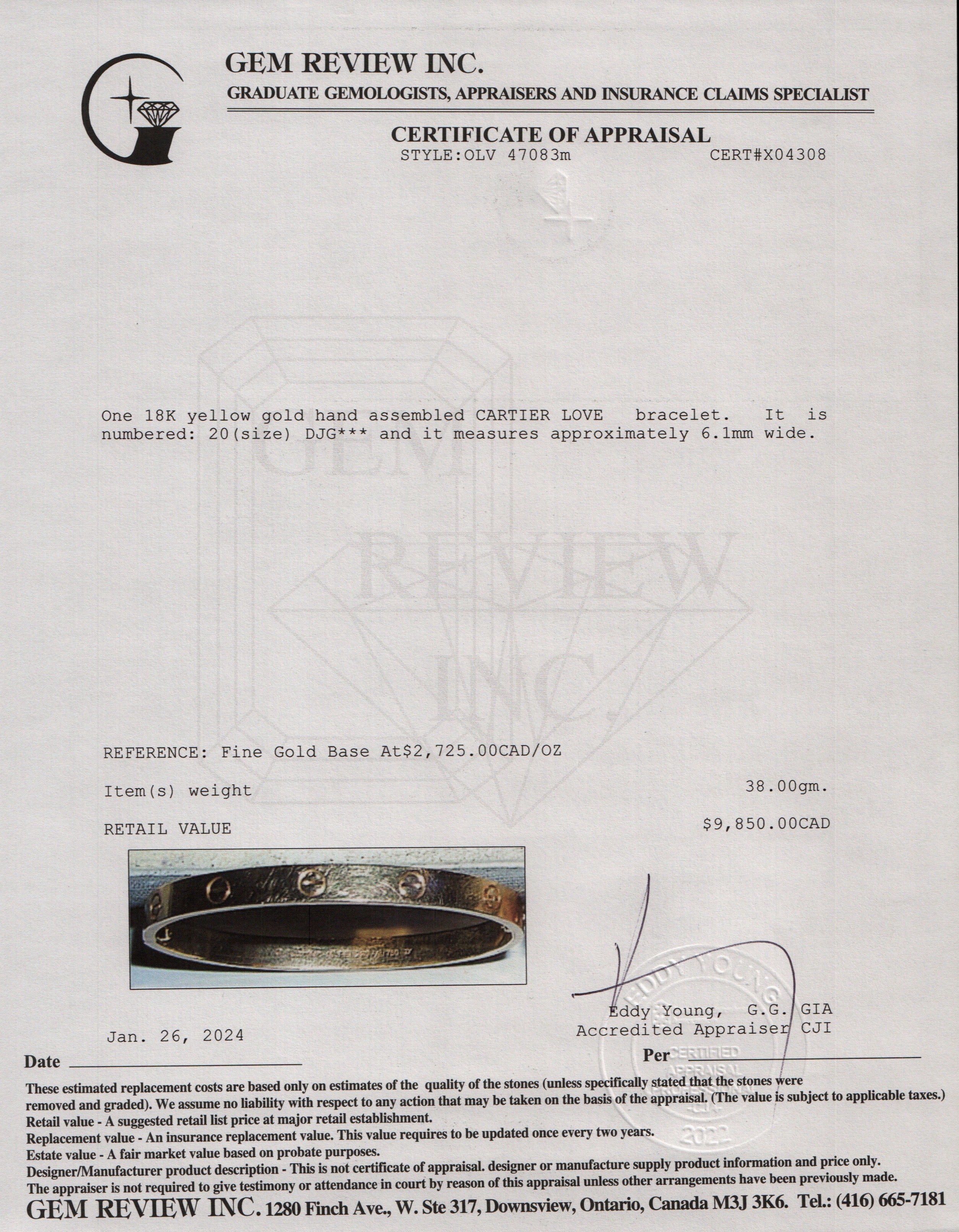 Cartier 18k Yellow Gold Love Bracelet, Size 20 w/ Box & Receipt