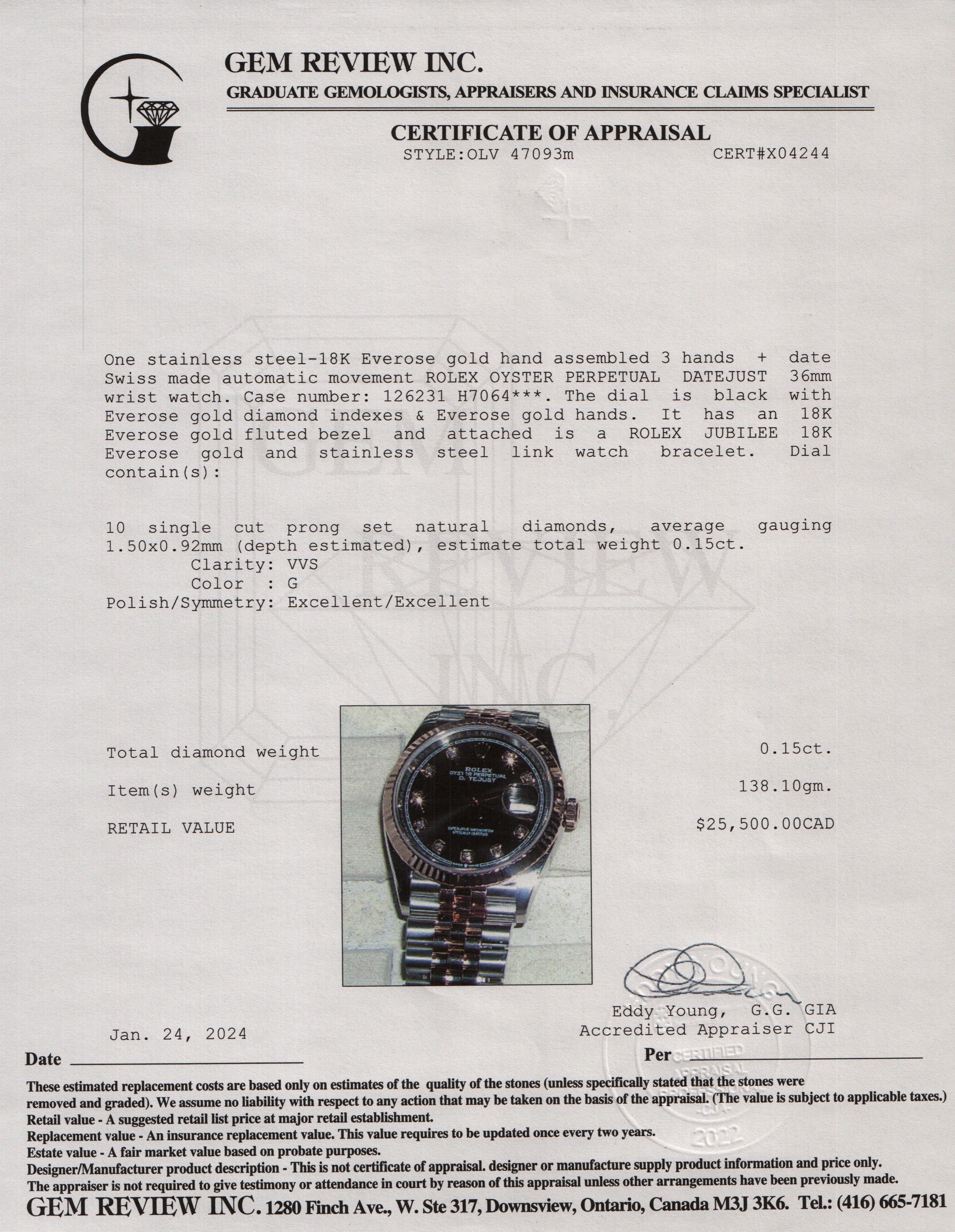 Rolex Stainless Steel & 18k Everose Gold Diamond Dial Datejust 36 MM Watch w/ Box & Papers