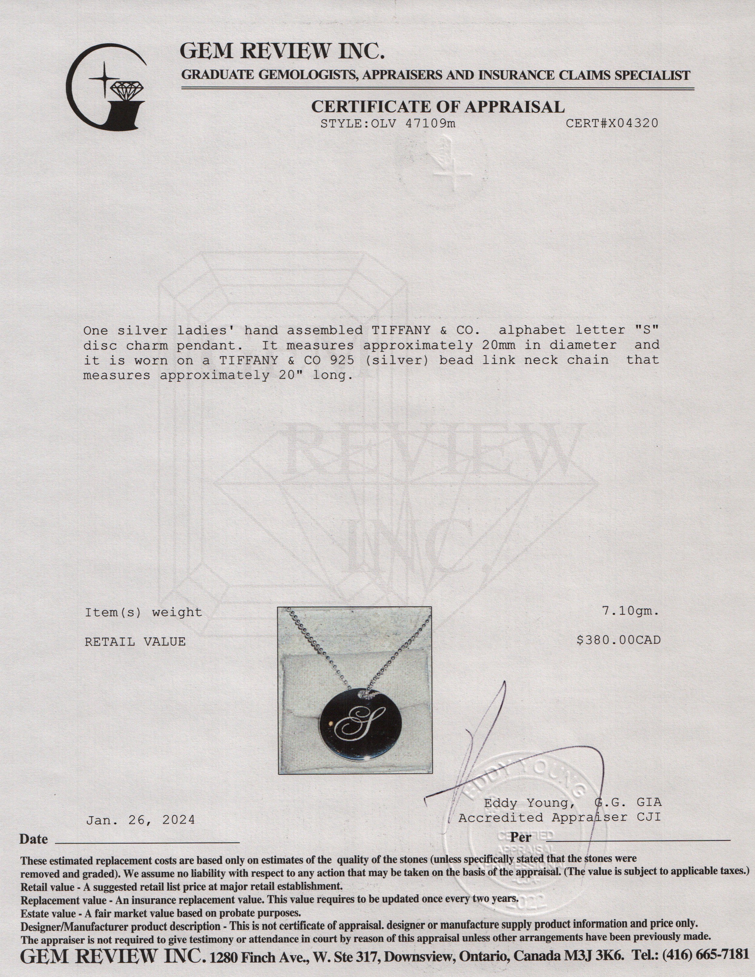 Tiffany & Co. Notes Letter 'S' Large Disc Charm Pendant Necklace