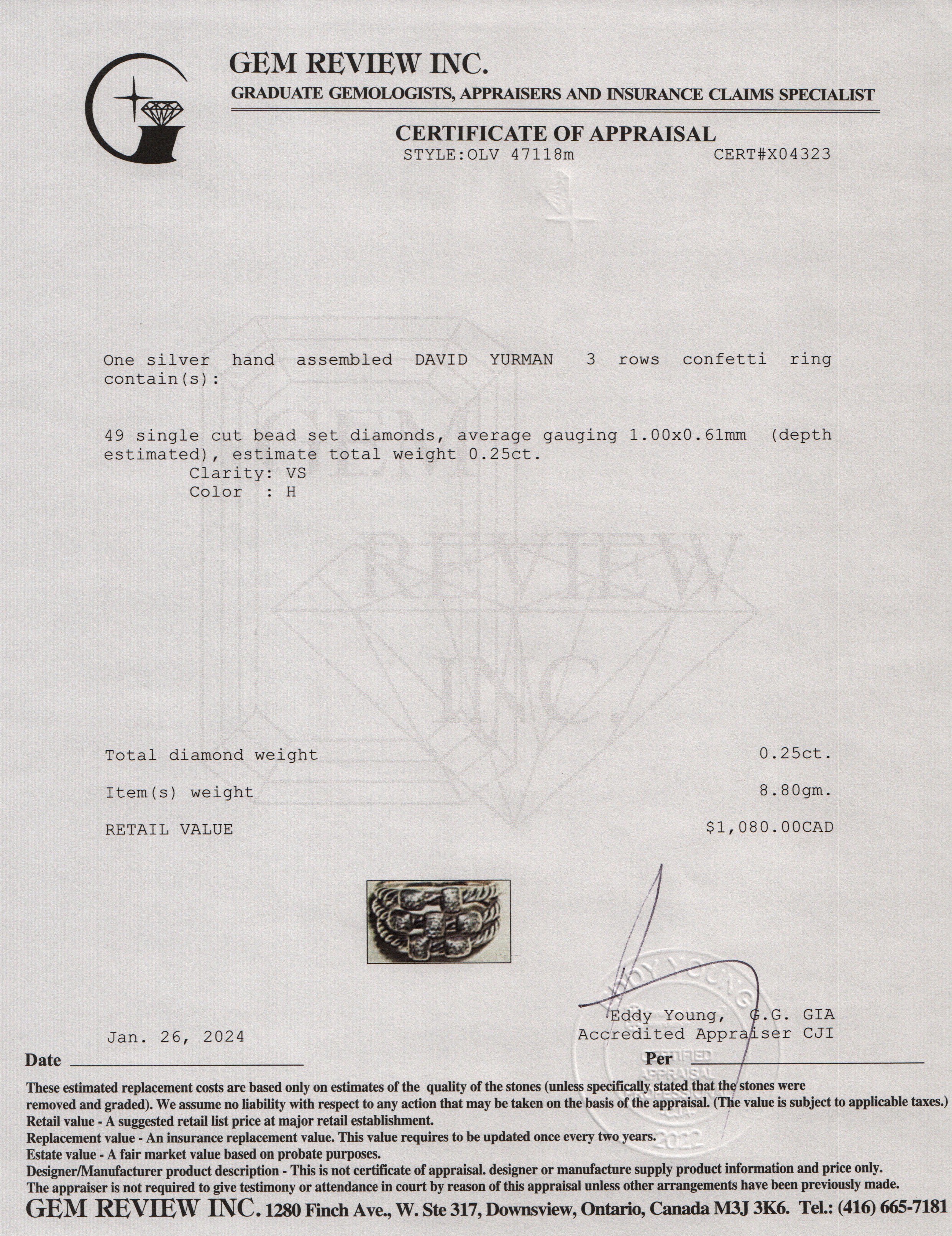 David Yurman Sterling Silver Diamond Confetti Three-Row Ring, Size 8