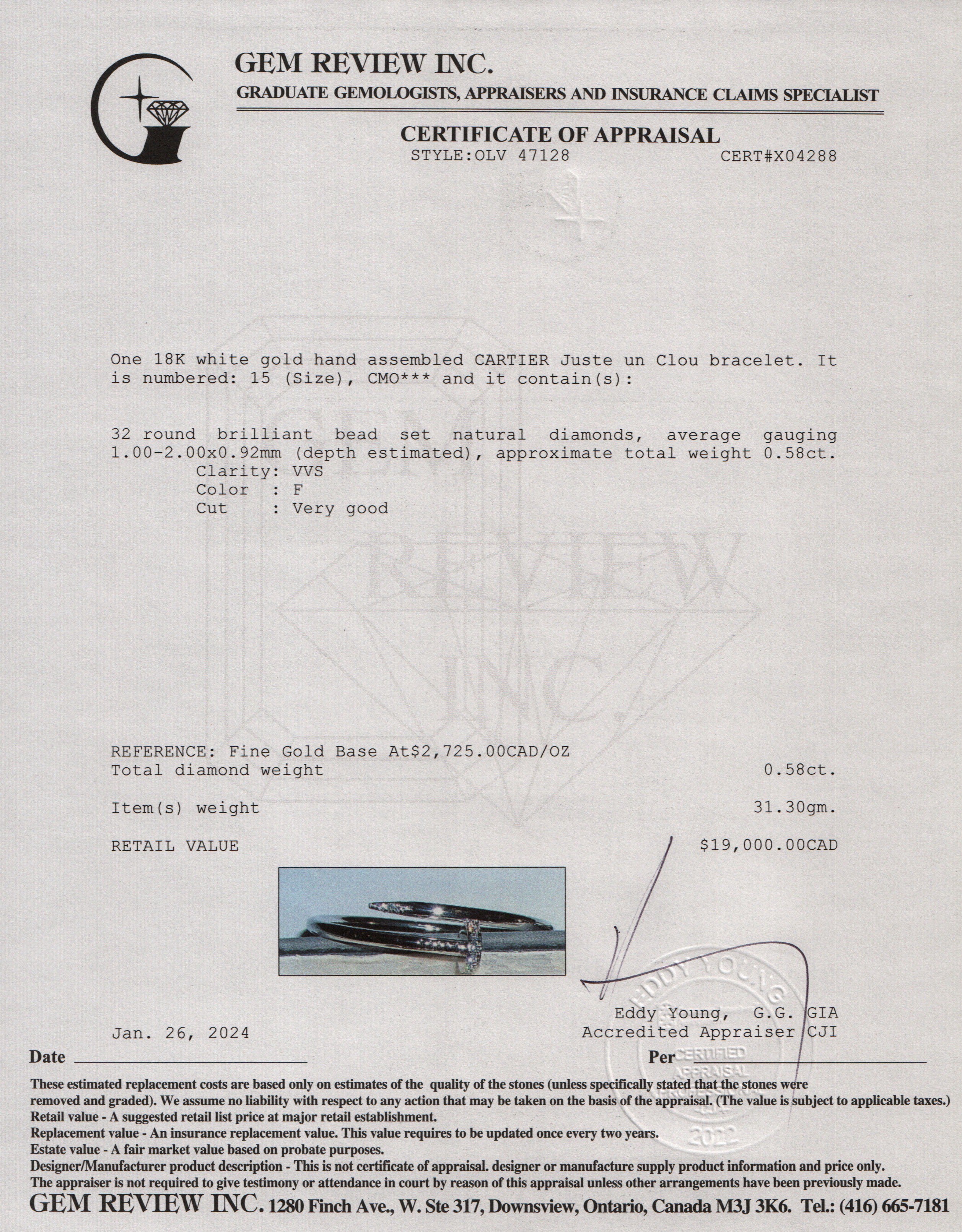 Cartier 18k White Gold Juste Un Clou Diamond Bracelet, Size 15