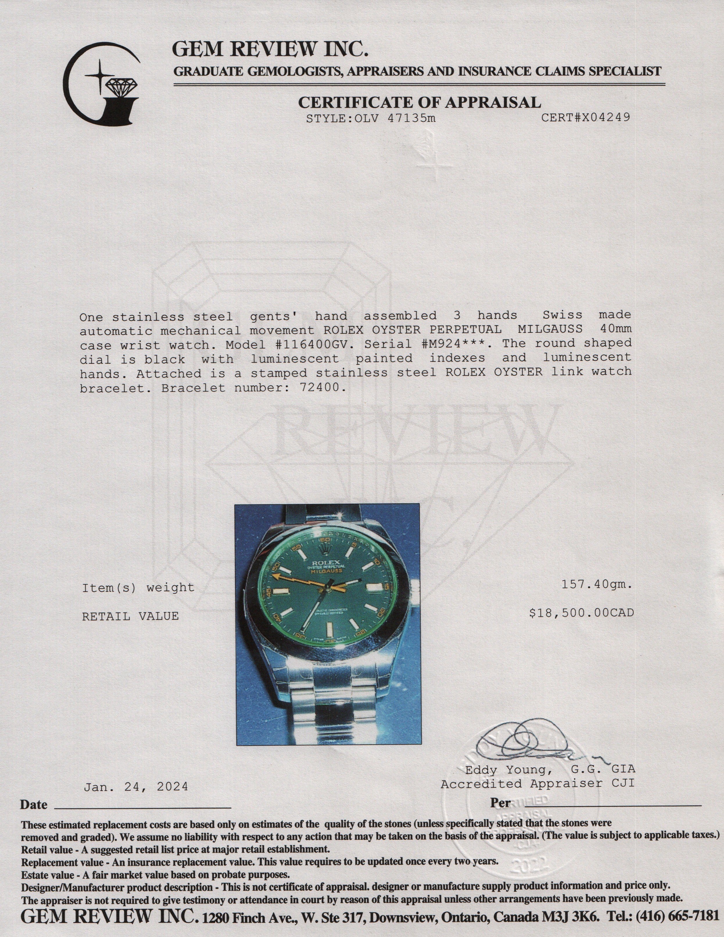 Rolex Stainless Steel Milgauss Green Crystal 40 MM Watch w/ Box & Papers