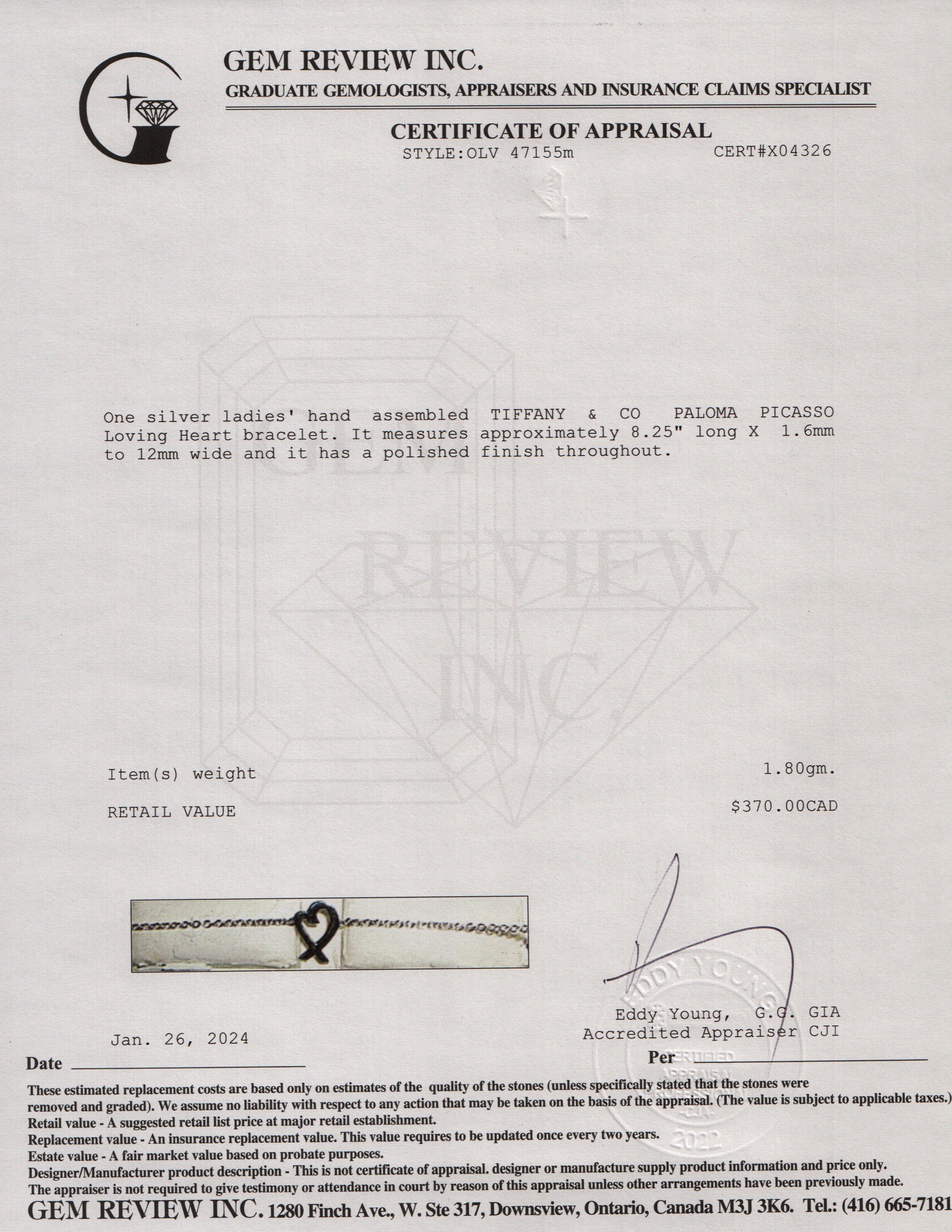 Tiffany & Co. Paloma Picasso Sterling Silver Loving Heart Bracelet