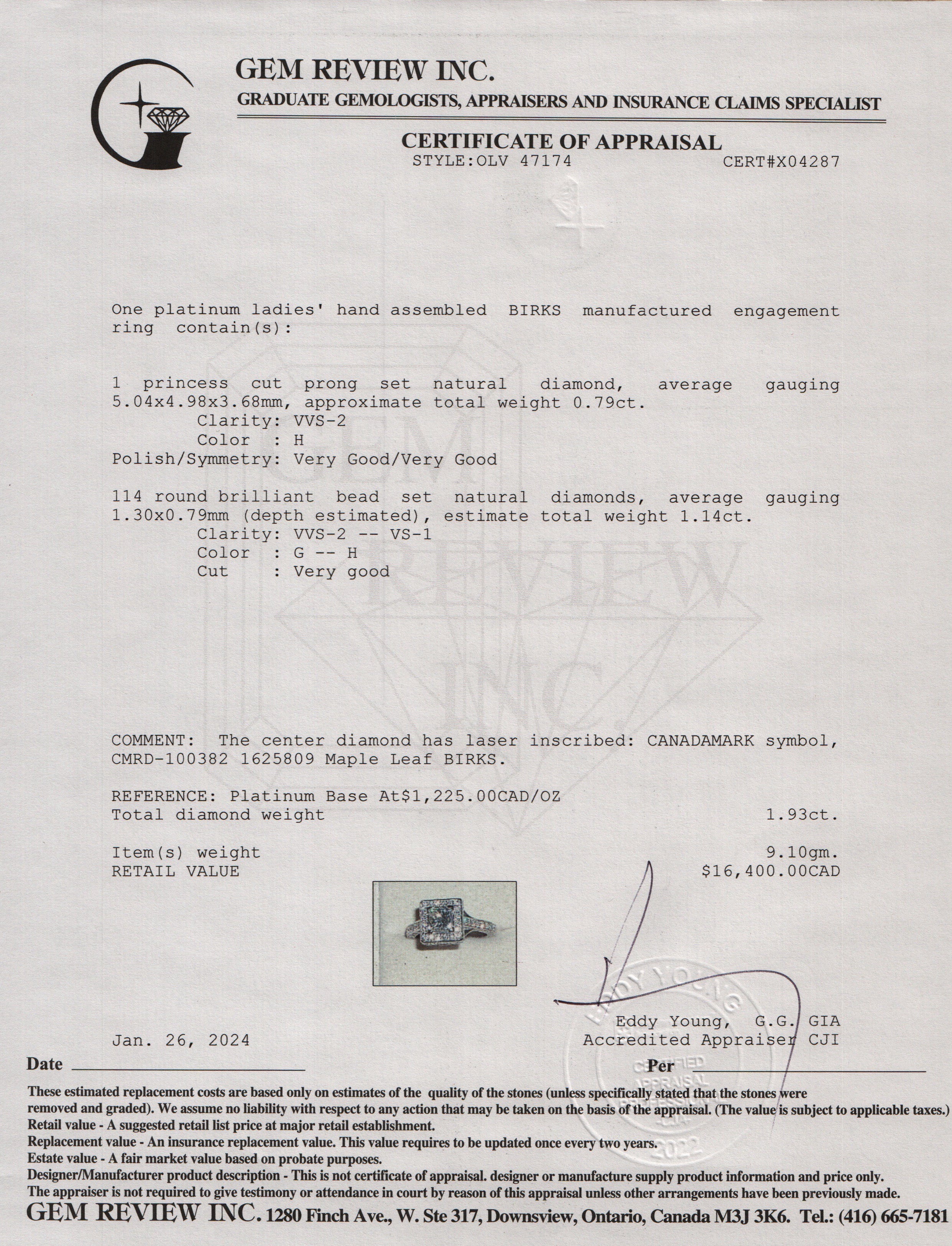 Birks Platinum Princess Cut Diamond Engagement Ring, Size 5 w/ Box