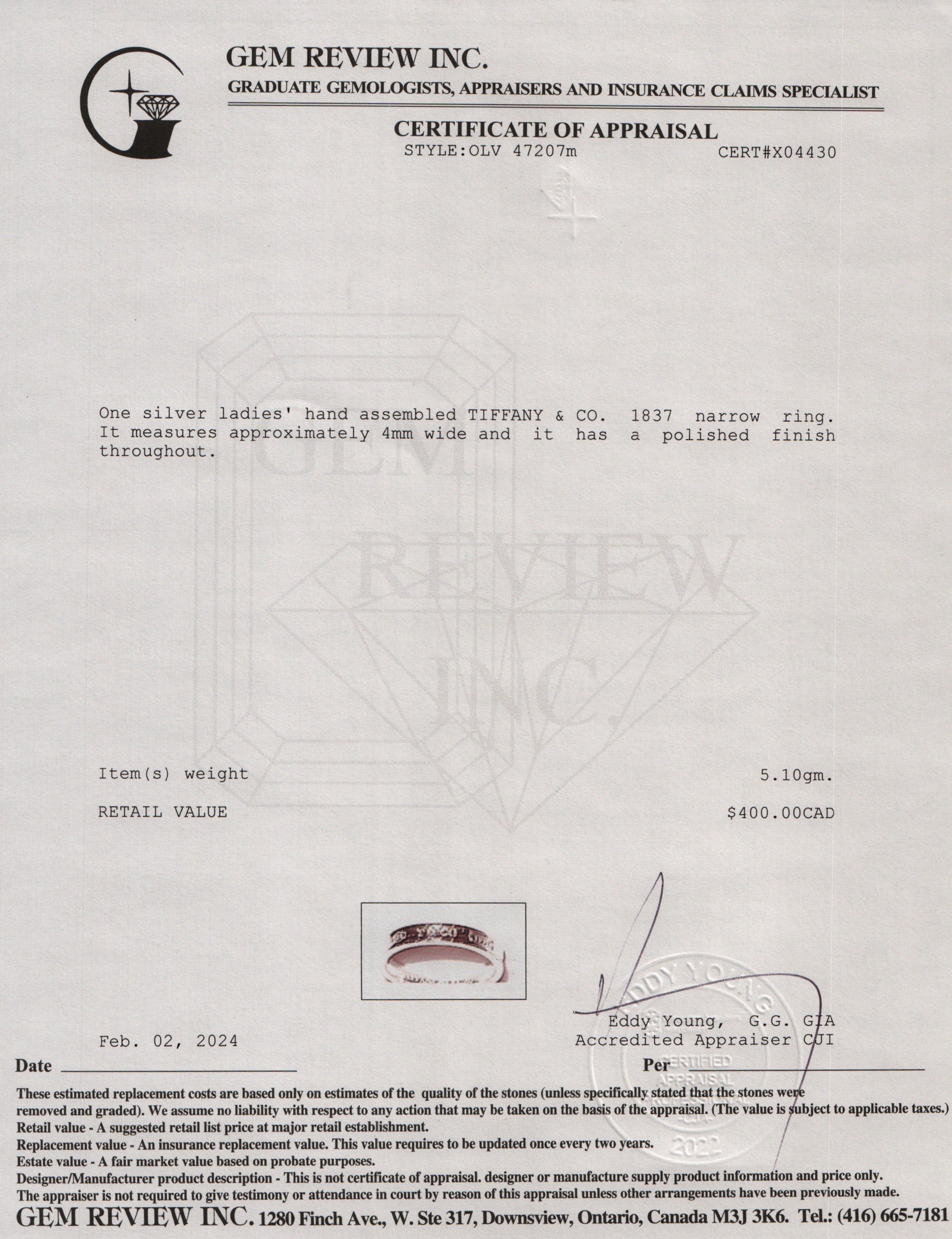 Tiffany & Co. Sterling Silver 1837 Narrow Ring, Size 12.75