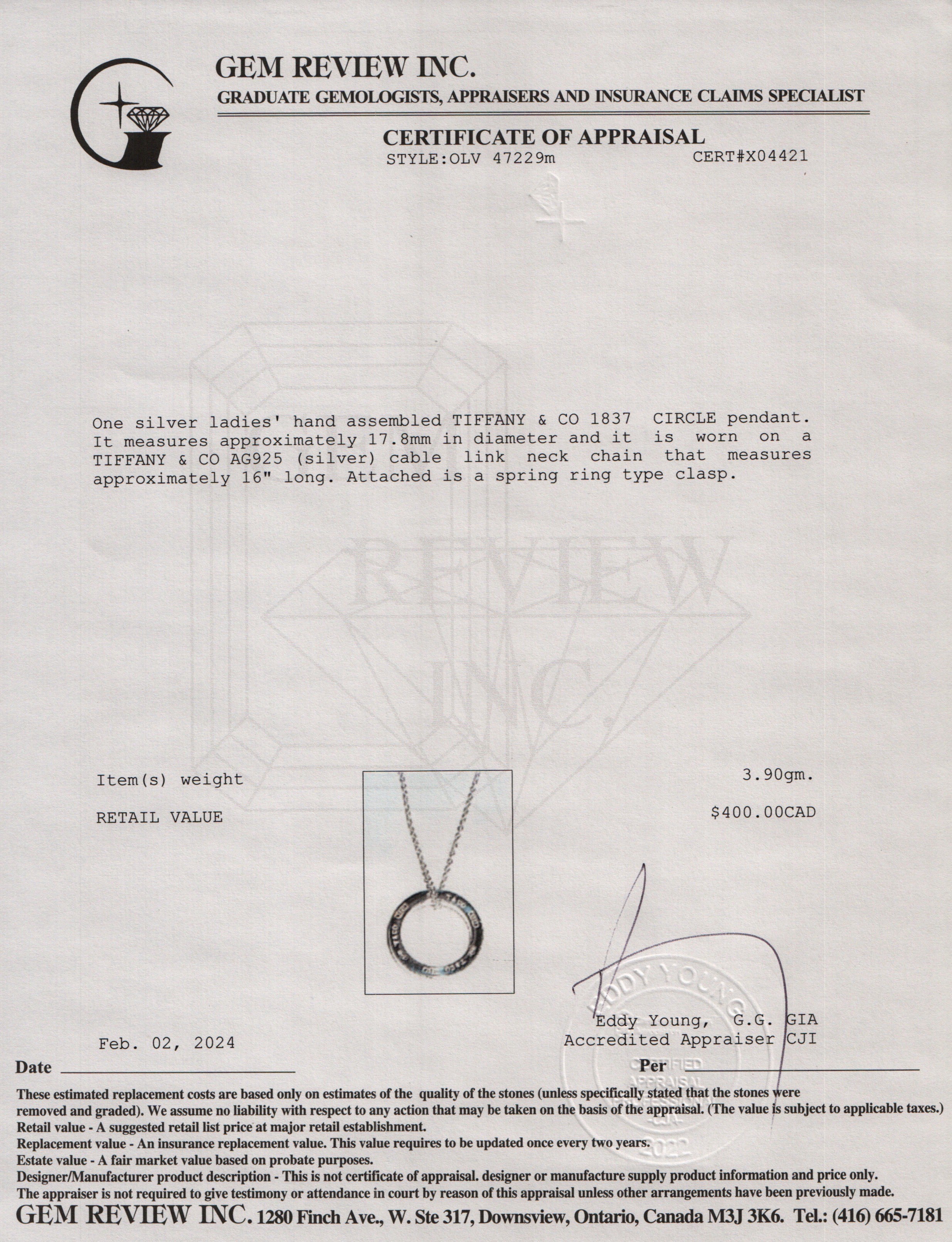 Tiffany & Co. Sterling Silver Medium 1837 Circle Pendant Necklace