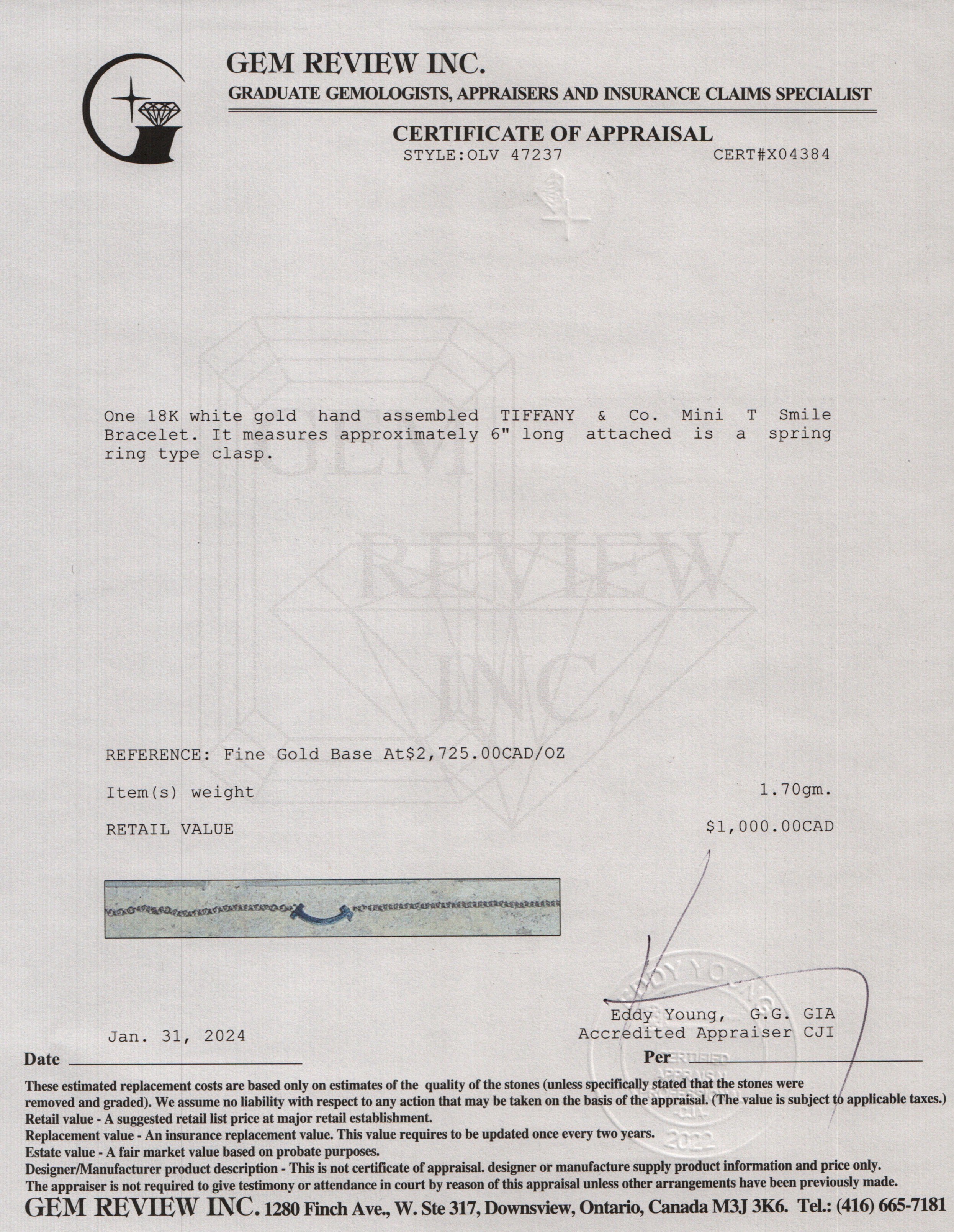 Tiffany & Co. 18k White Gold Mini T Smile Bracelet w/ Box