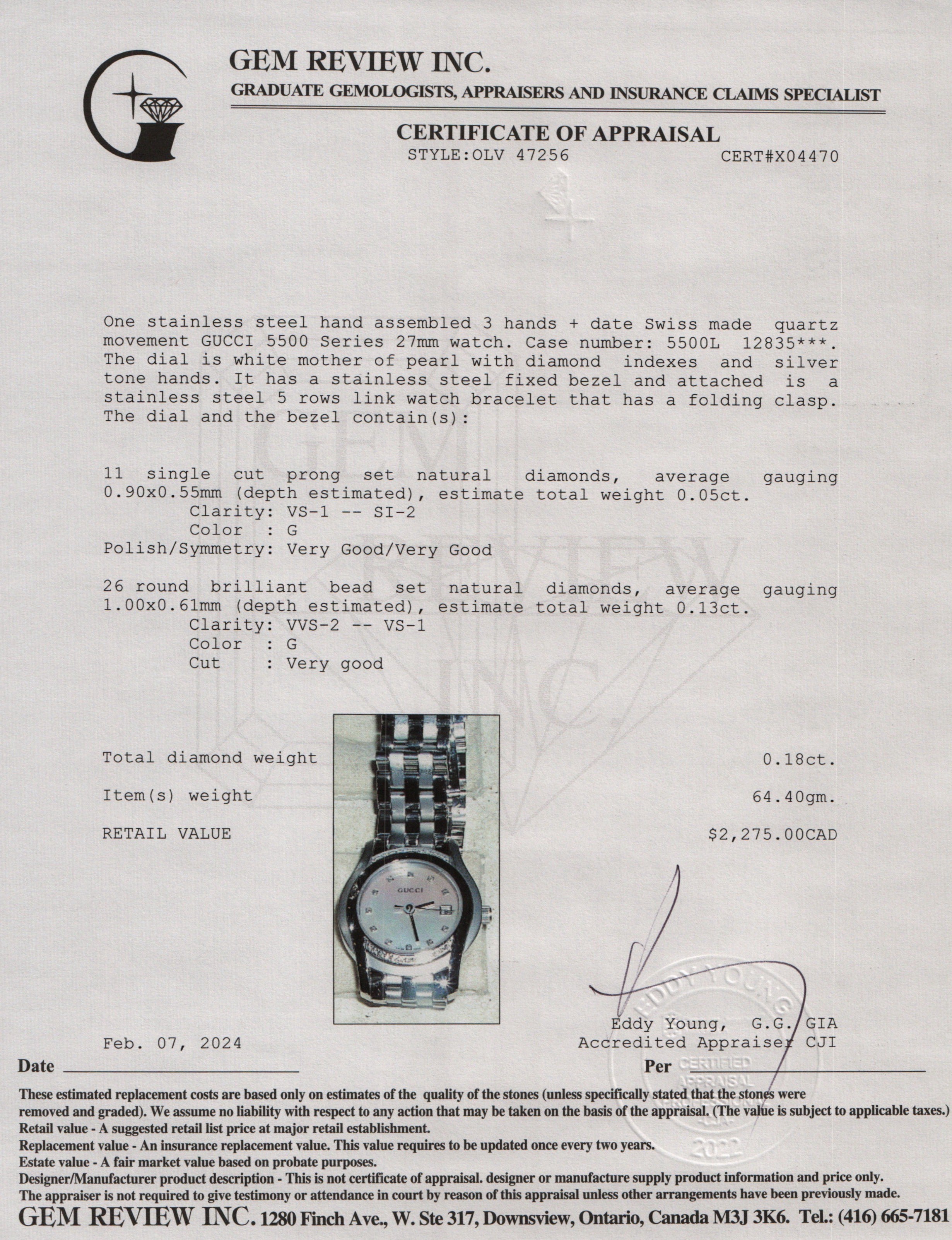 Gucci Stainless Steel 5500 Series Diamond Bezel & Dial 27 MM Watch