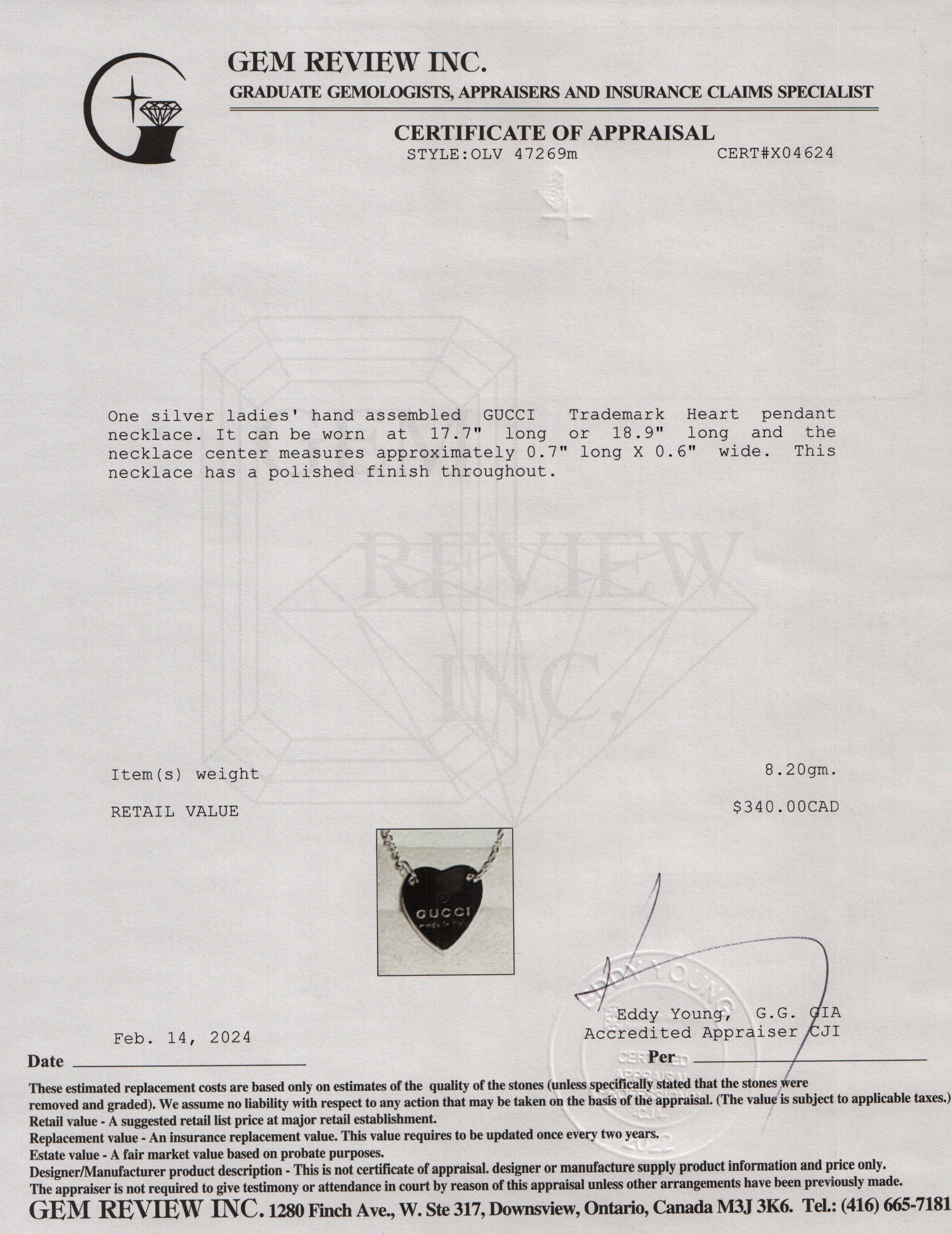 Gucci Sterling Silver Trademark Heart Pendant Necklace