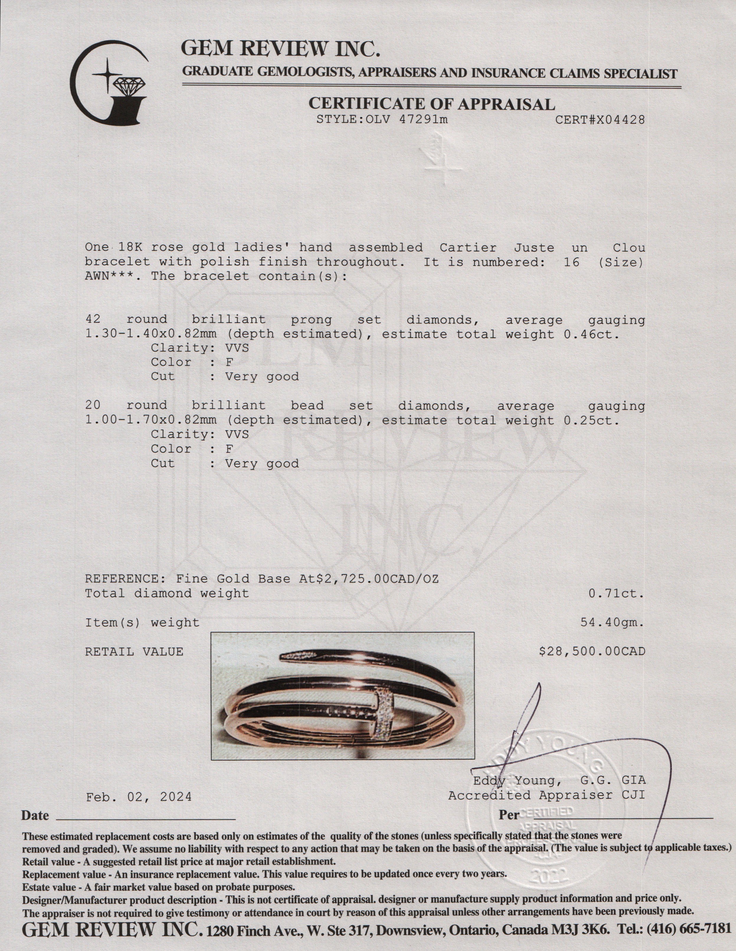 Cartier 18k Rose Gold Diamond Juste Un Clou Bracelet, Size 16 w/ Receipt