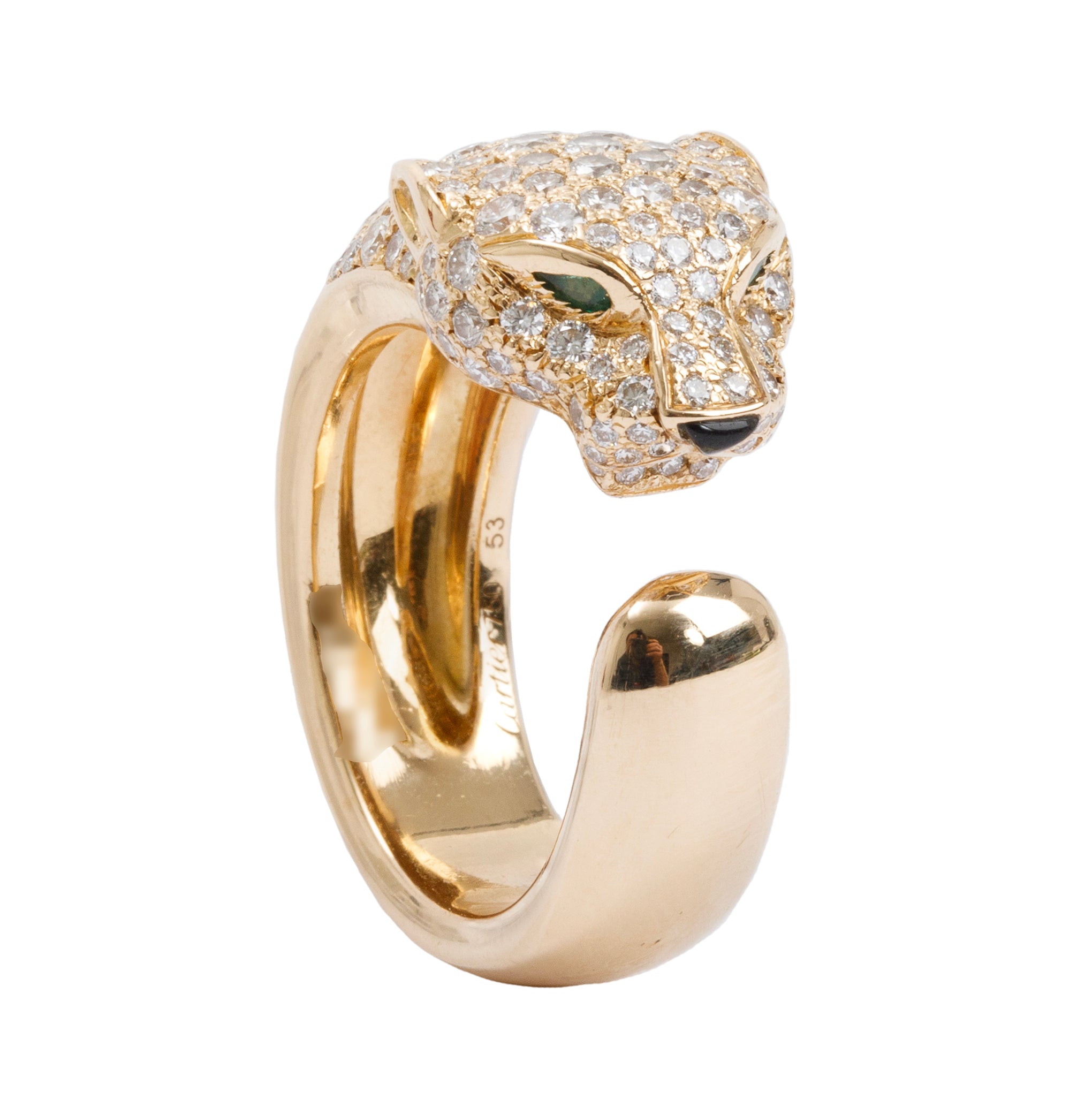 Cartier 18k Yellow Gold Pave Diamond, Onyx & Emearld Panthere de Cartier Ring, Size 53 6.5