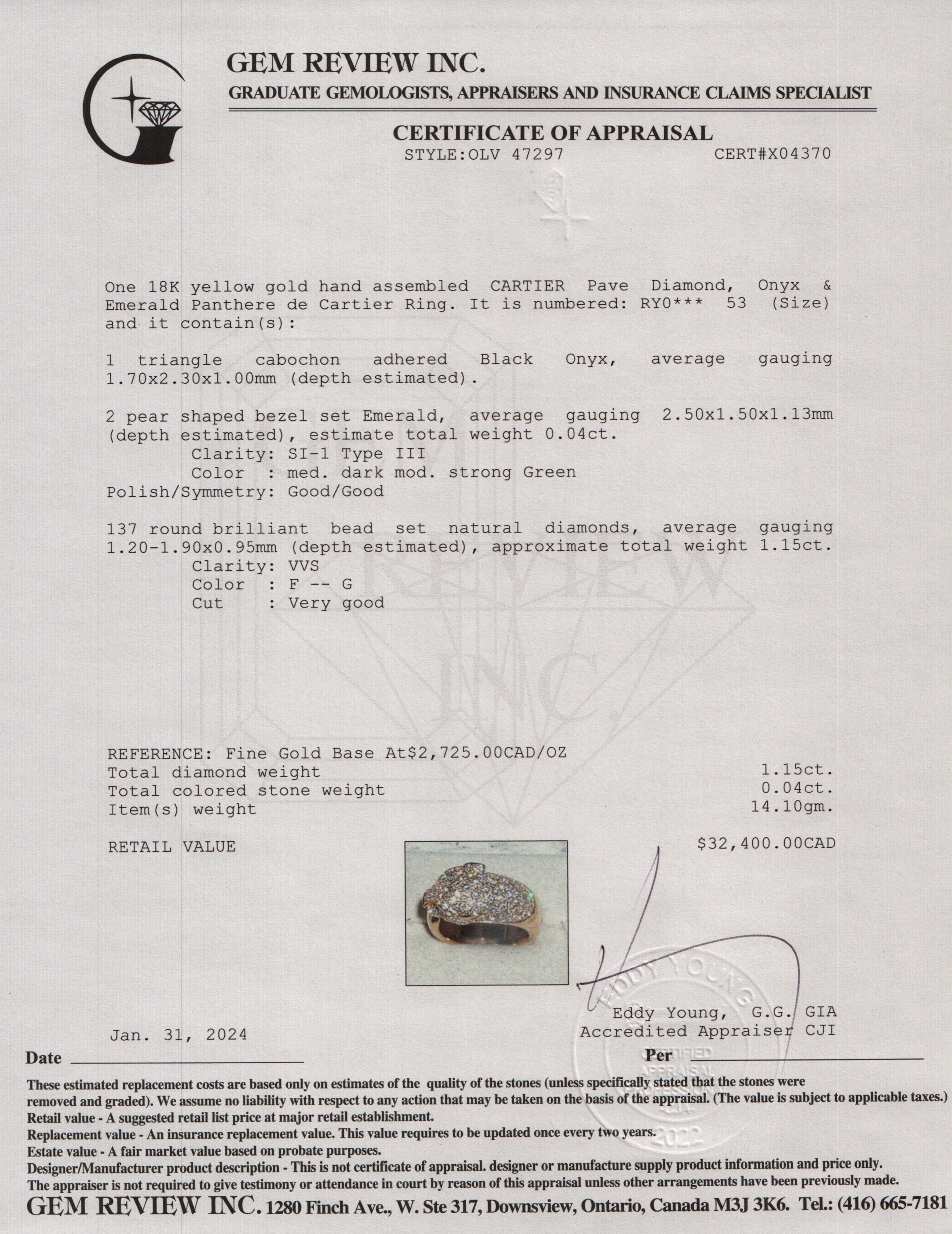 Cartier 18k Yellow Gold Pave Diamond, Onyx & Emearld Panthere de Cartier Ring, Size 53 6.5