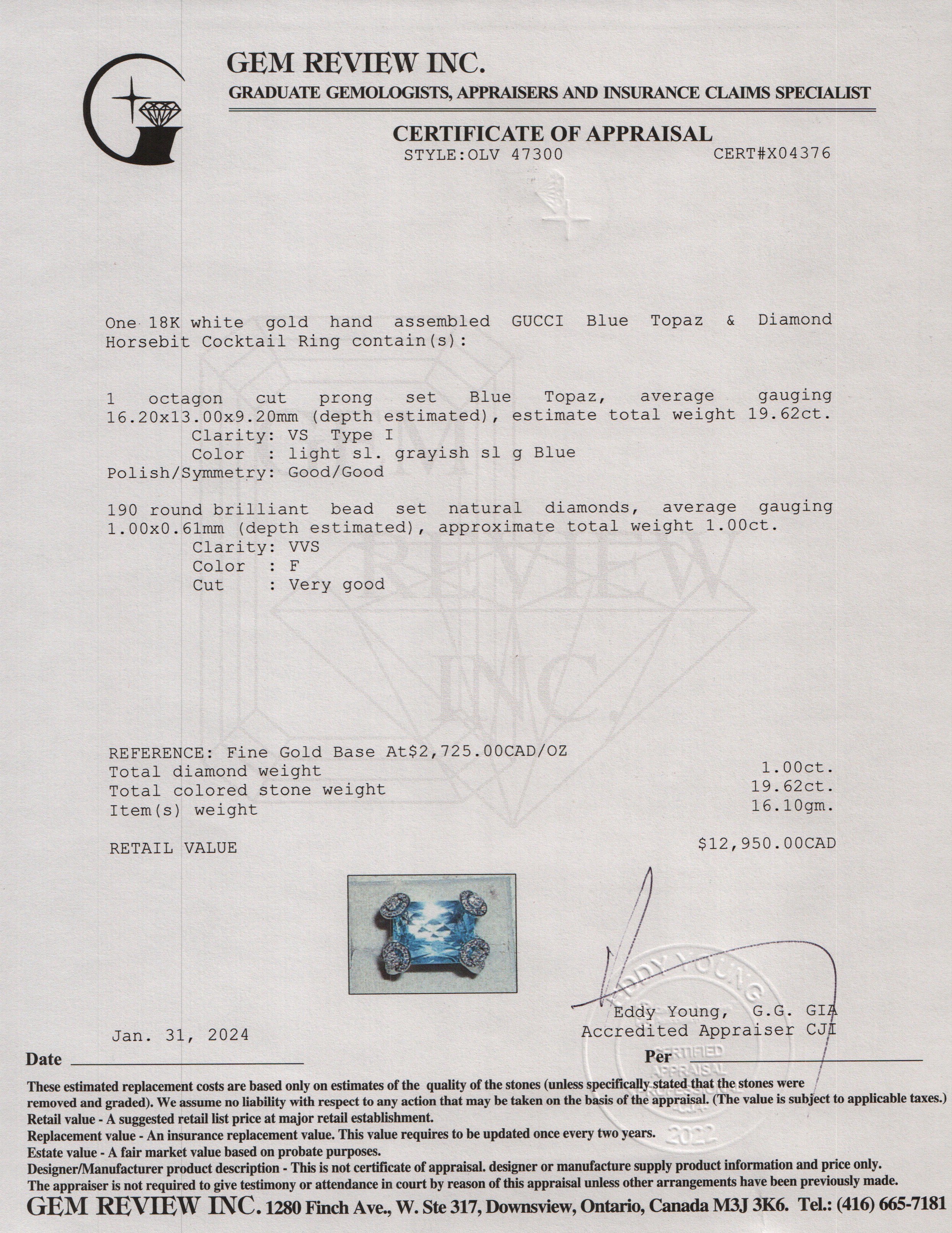 Gucci 18k White Gold Blue Topaz & Diamond Horsebit Cocktail Ring, Size 4.75