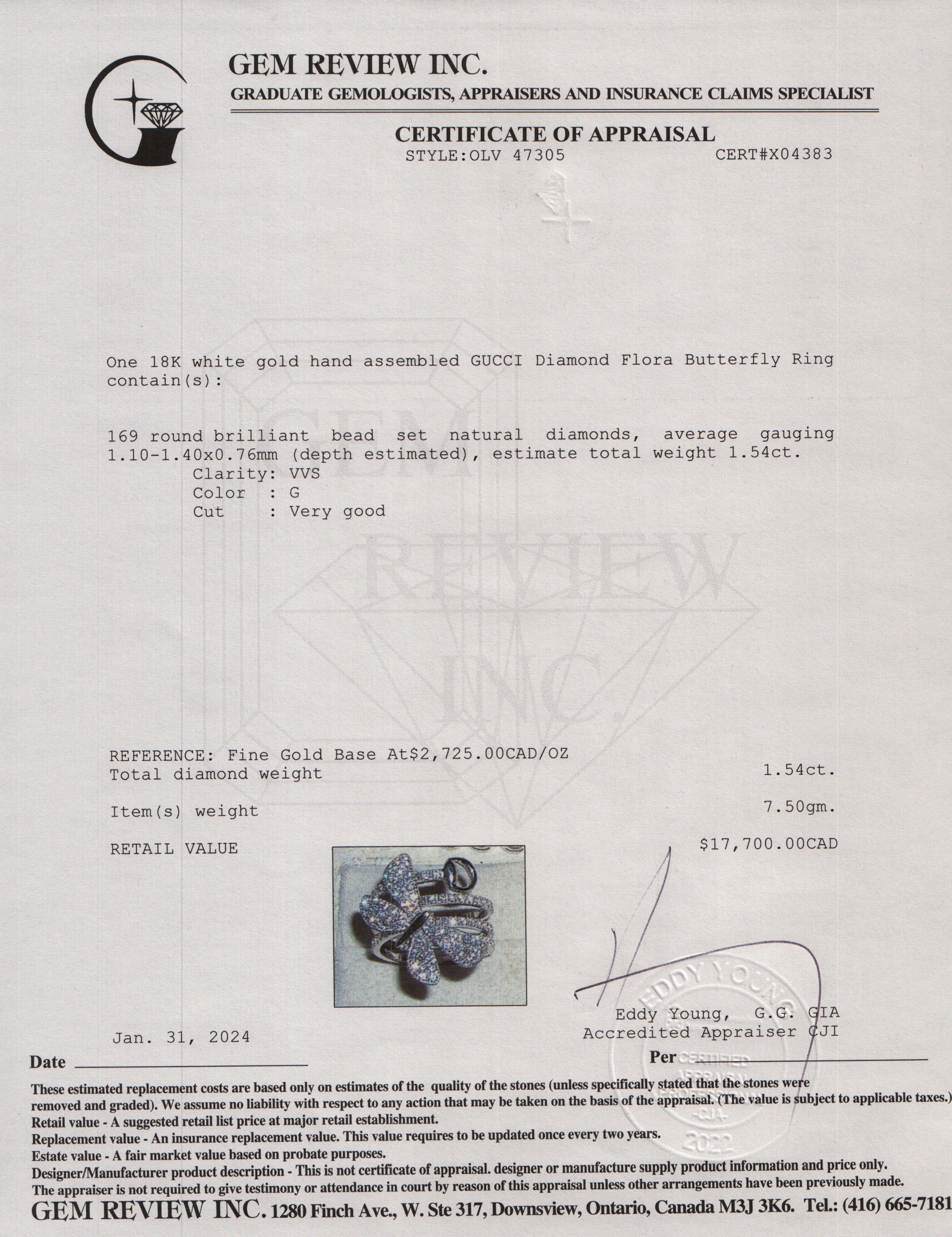 Gucci 18k White Gold Diamond Flora Butterfly Ring, Size 14 6.5