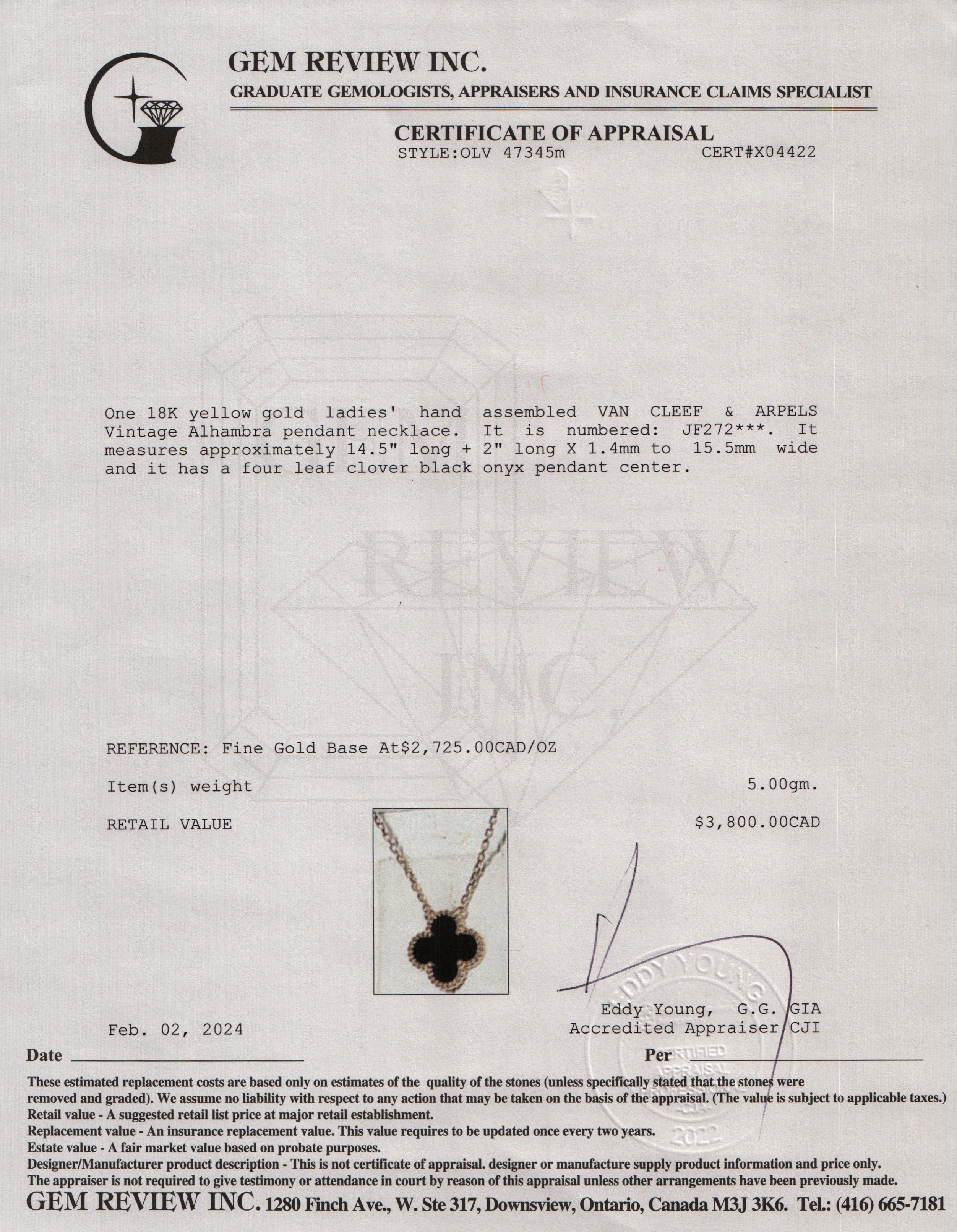 Van Cleef & Arpels 2023 18k Yellow Gold Vintage Alhambra Black Onyx Pendant Necklace w/ Box & Receipt