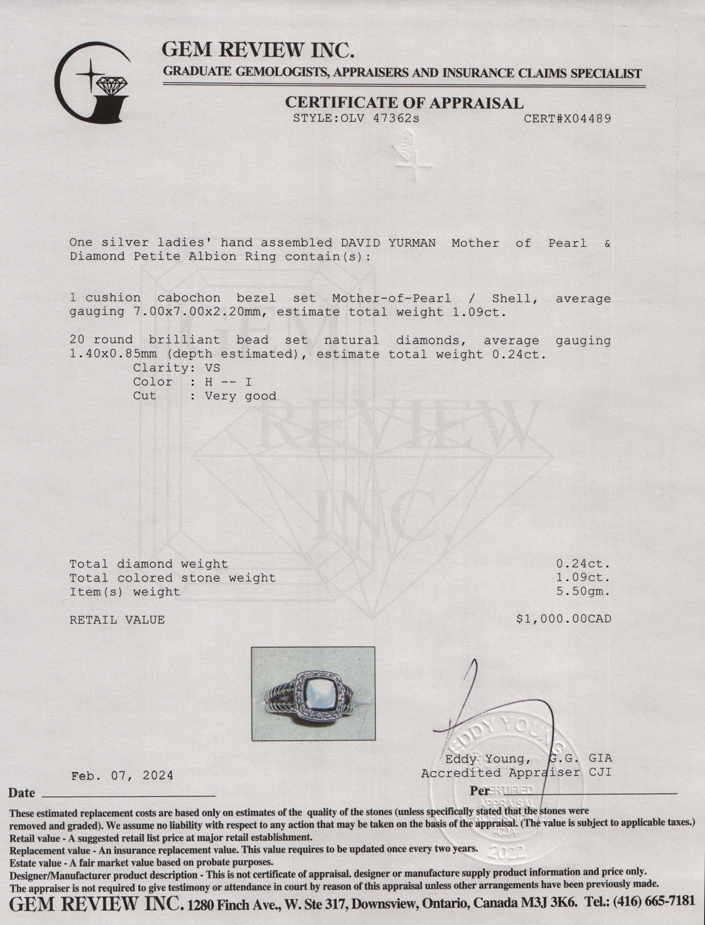 David Yurman Sterling Silver Mother of Pearl & Diamond Petite Albion Ring, Size 6.25