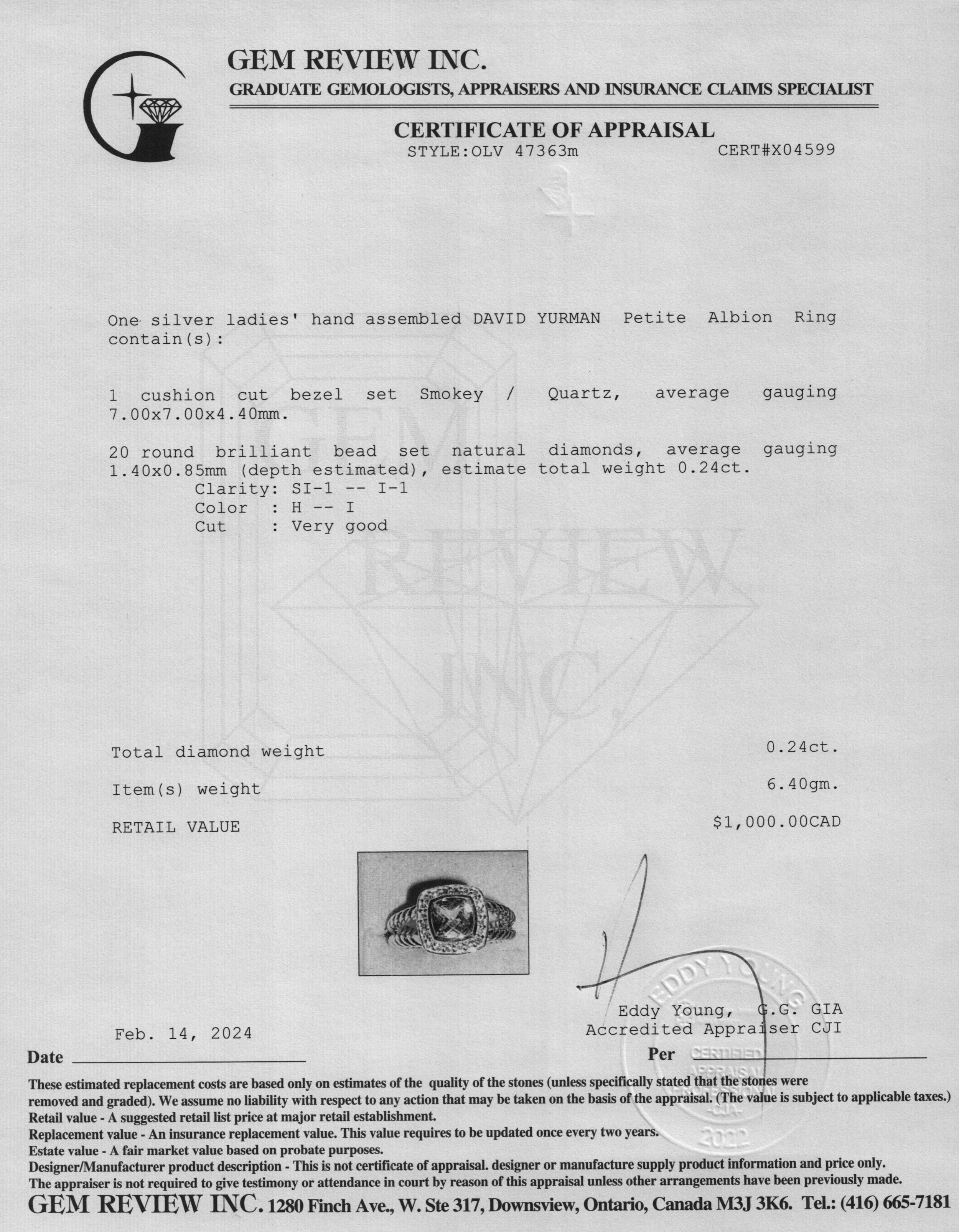 David Yurman Sterling Silver Smoky Quartz & Diamond Petite Albion Ring, Size 6.25