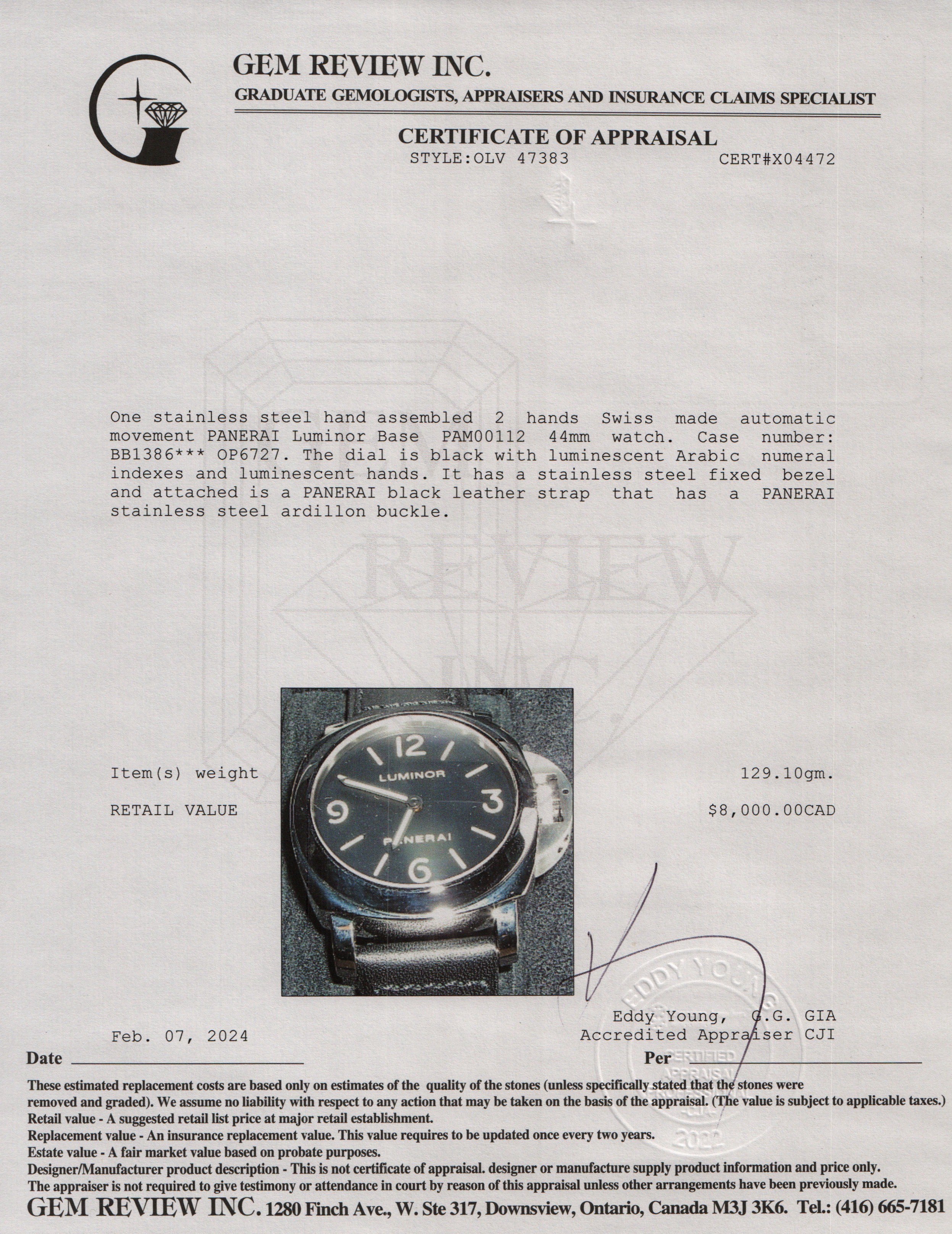 Panerai Stainless Steel Luminor Base PAM00112 44mm Automatic Watch w/ Box & Papers