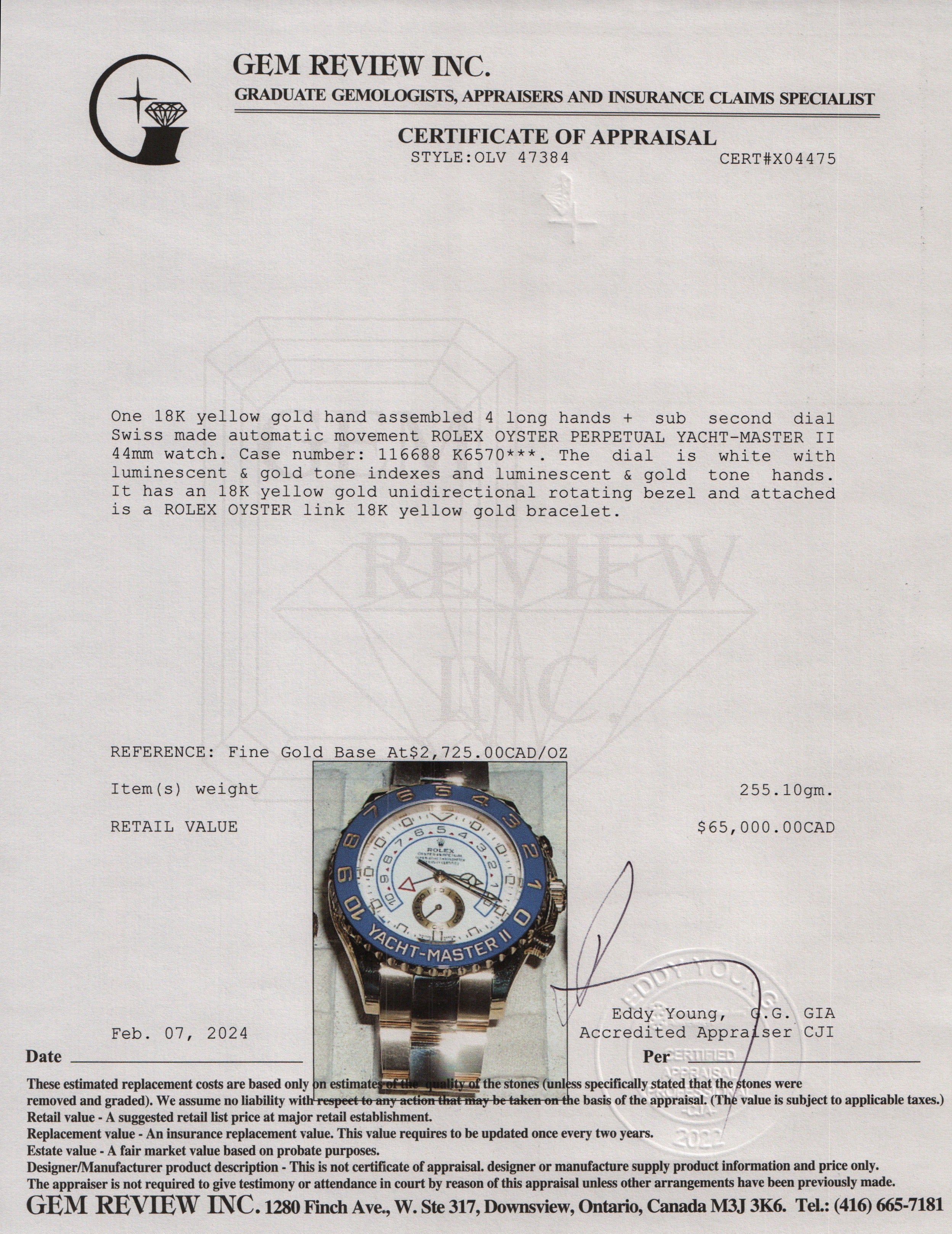 Rolex 18k Yellow Gold Day Yacht-Master II 44 MM Watch w/ Box & Papers