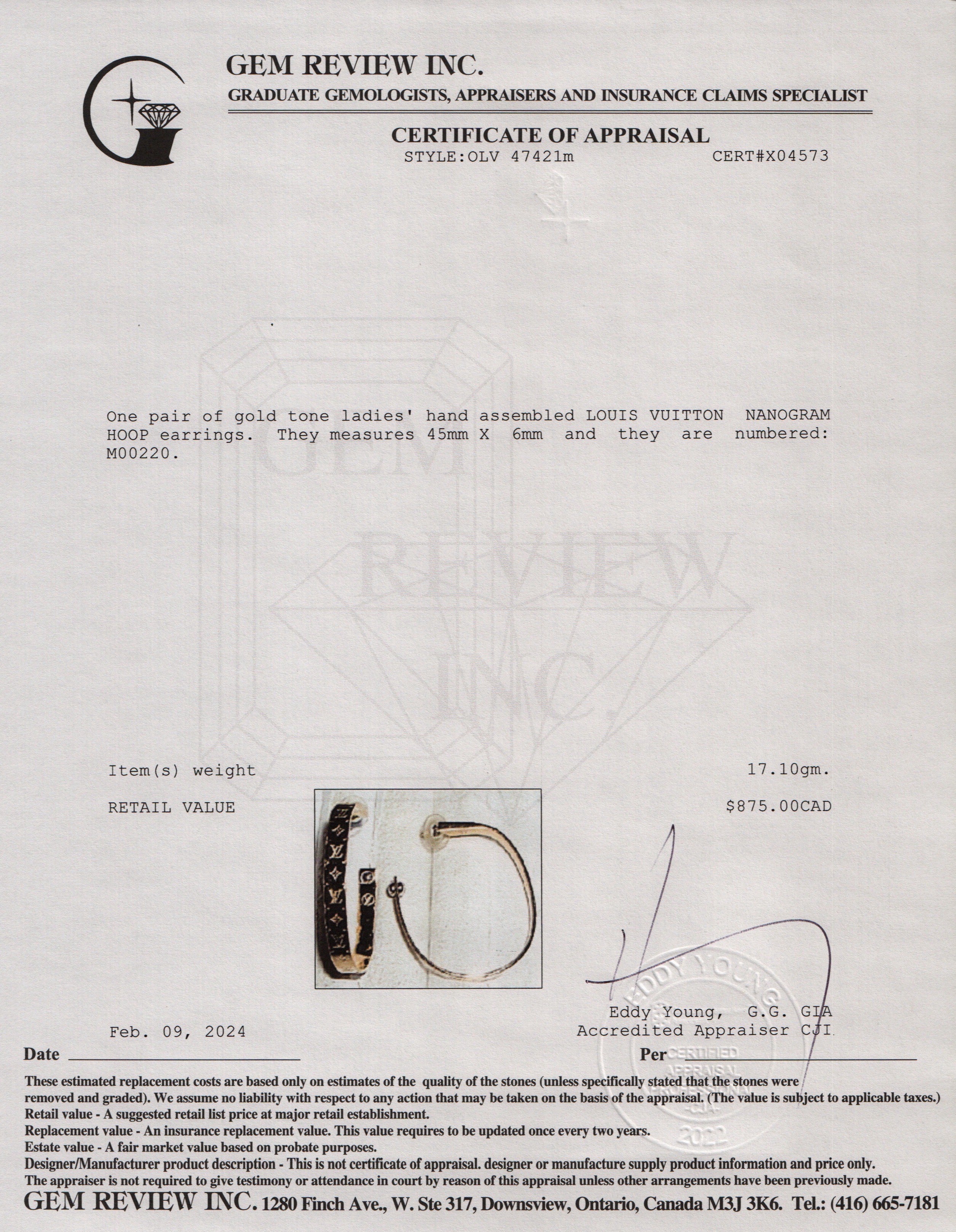 Louis Vuitton Gold-Plated Nanogram Hoop Earrings w/ Box