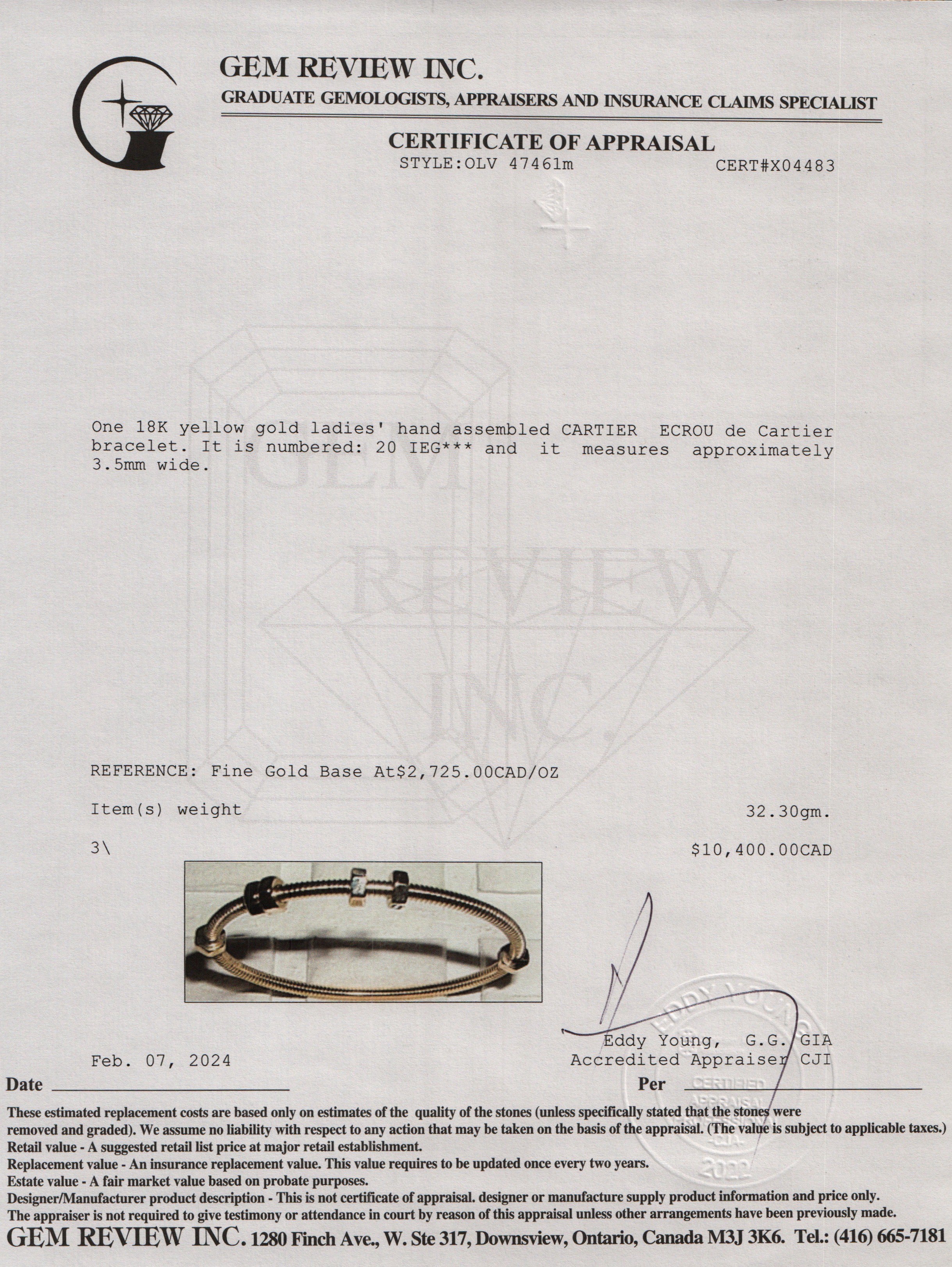 Cartier 18k Yellow Gold Ecrou de Cartier Bracelet, Size 20