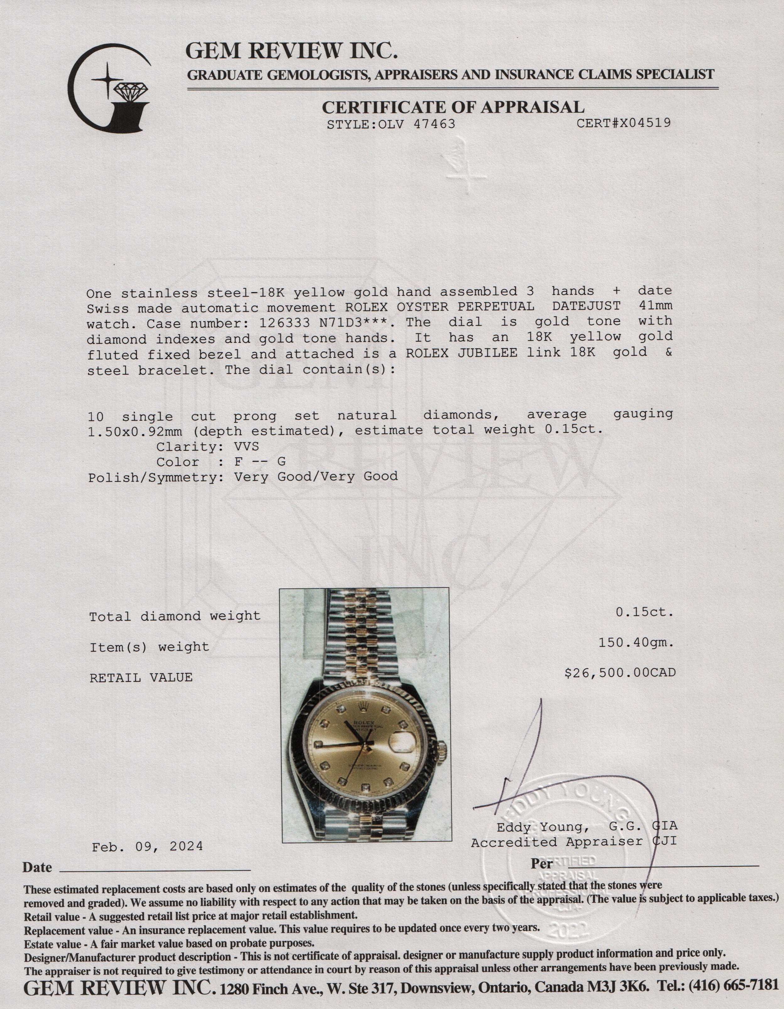 Rolex Stainless Steel & 18k Yellow Gold Diamond Dial Datejust 41 MM Watch w/ Box & Papers
