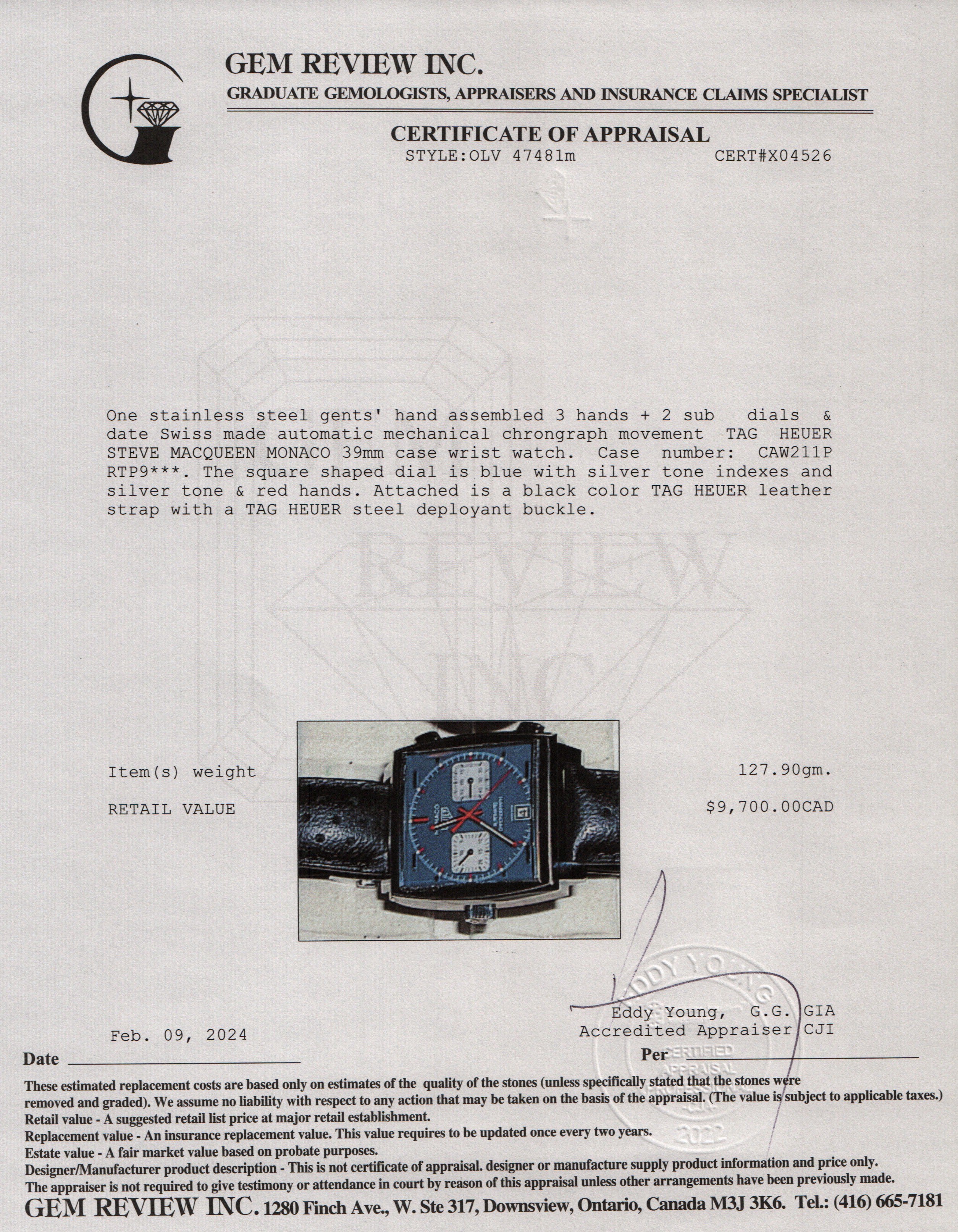 Tag Heuer Stainless Steel Steve McQueen Edition Monaco Automatic Chronograph Watch w/ Box & Papers