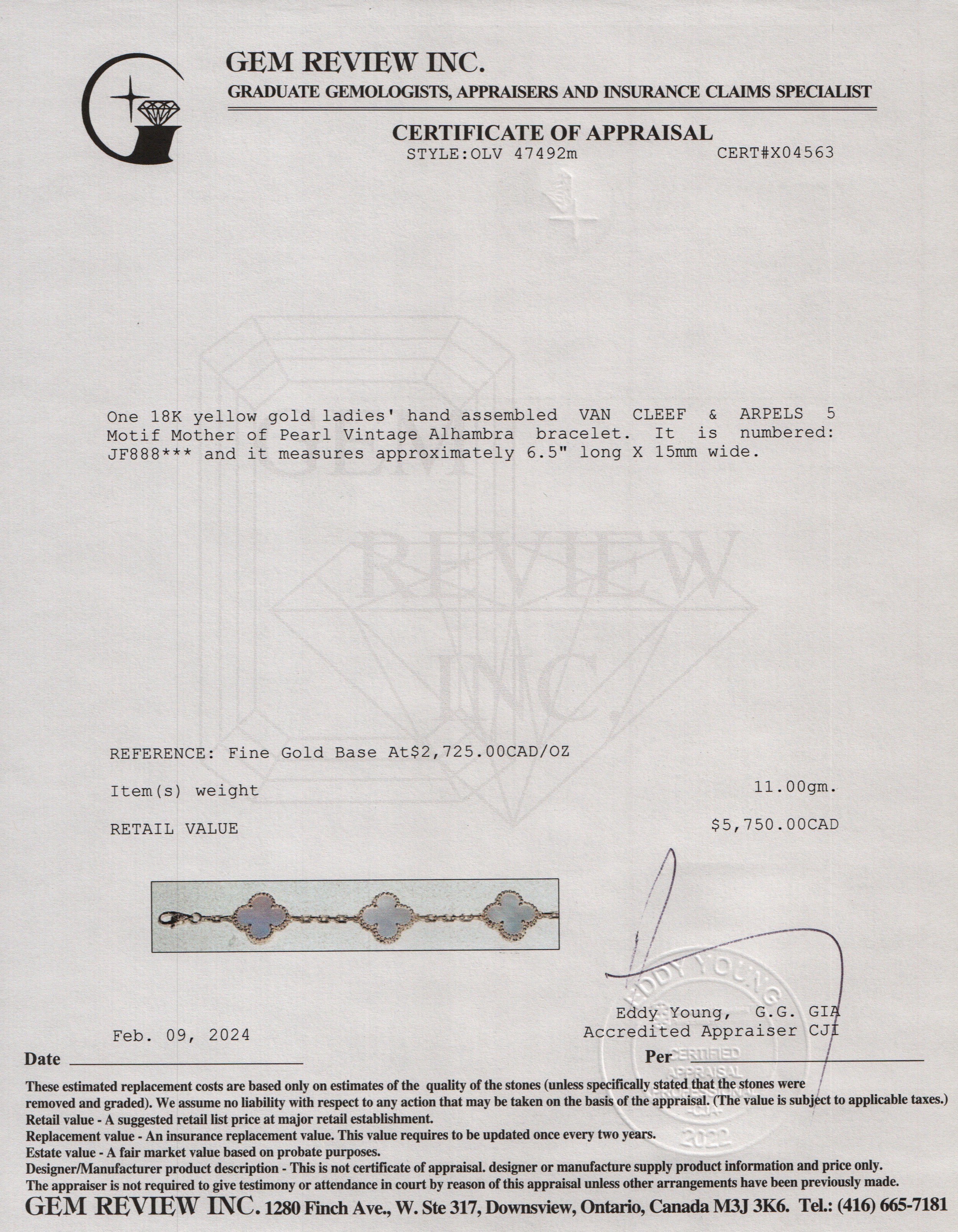 Van Cleef & Arpels 2023 18k Yellow Gold Vintage Alhambra 5 Motif Mother of Pearl Bracelet w/ Box & Papers