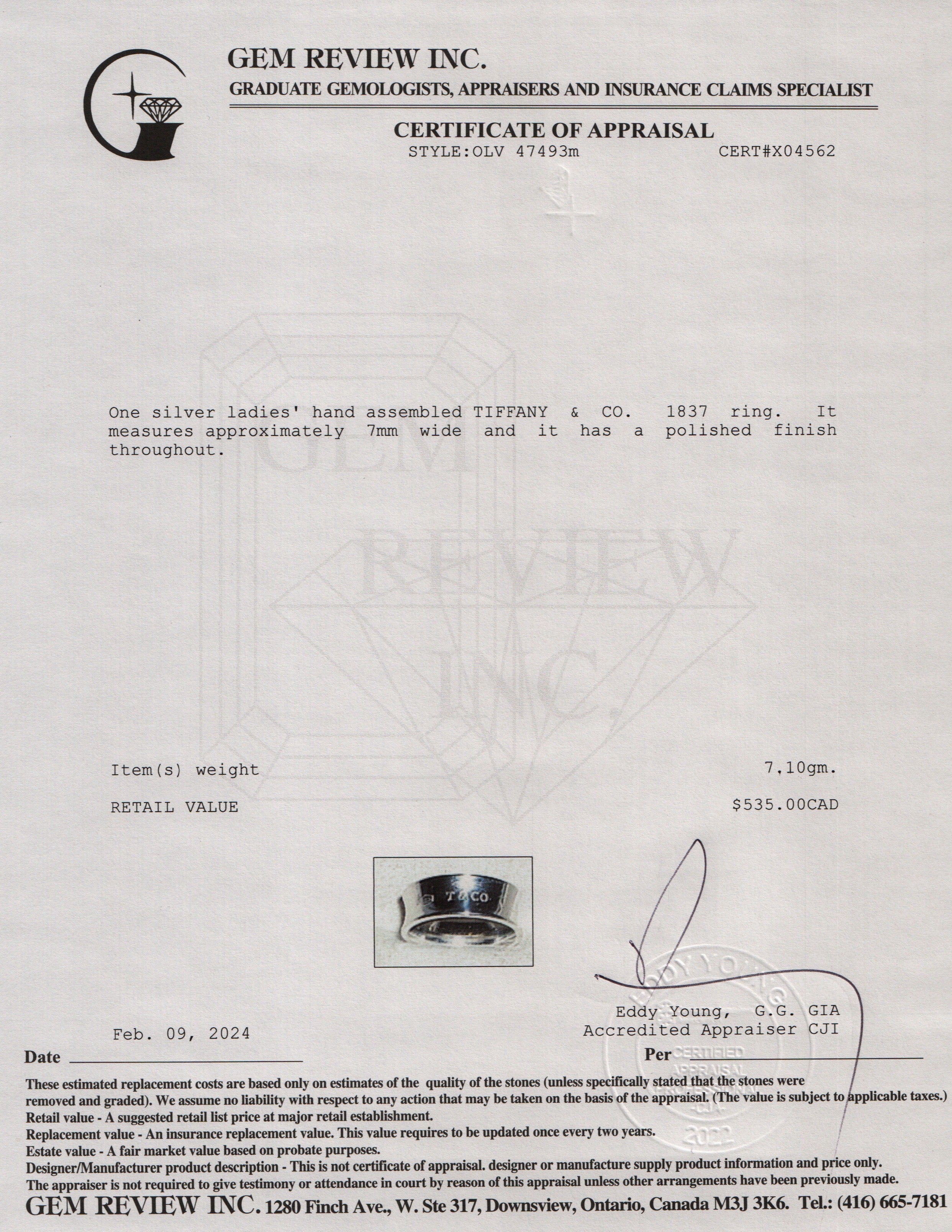 Tiffany & Co. Sterling Silver 1837 Ring, Size 5.5