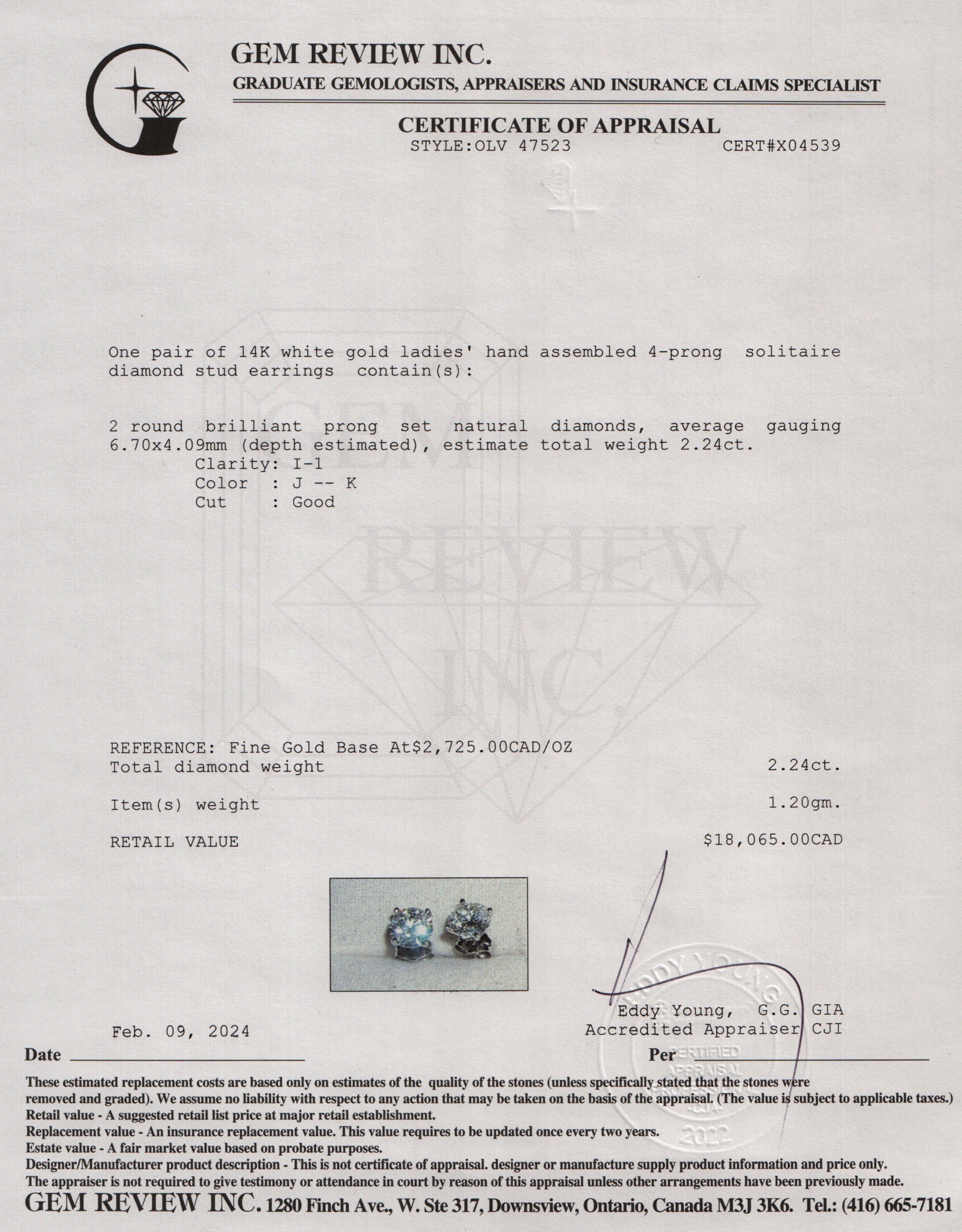 14k White Gold 2.24 tcw. Diamond Stud Earrings