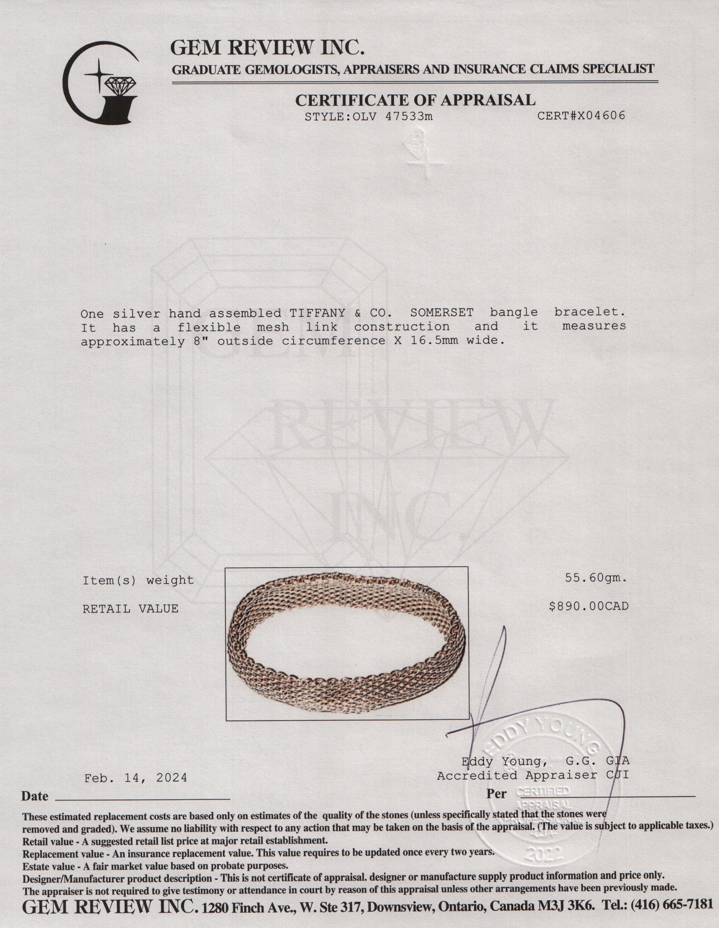 Tiffany & Co. Sterling Silver Somerset Bangle Bracelet w/ Box