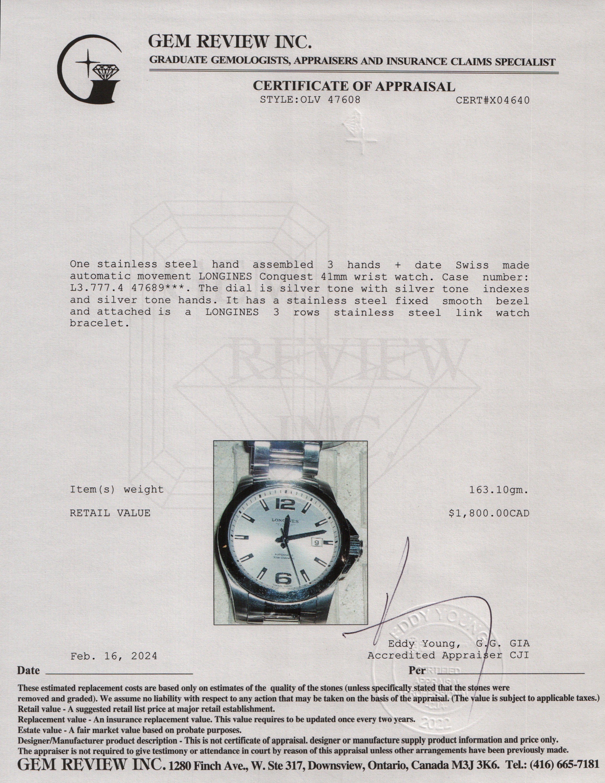 Longines Stainless Steel Conquest 41 MM Automatic Watch w/ Box & Papers