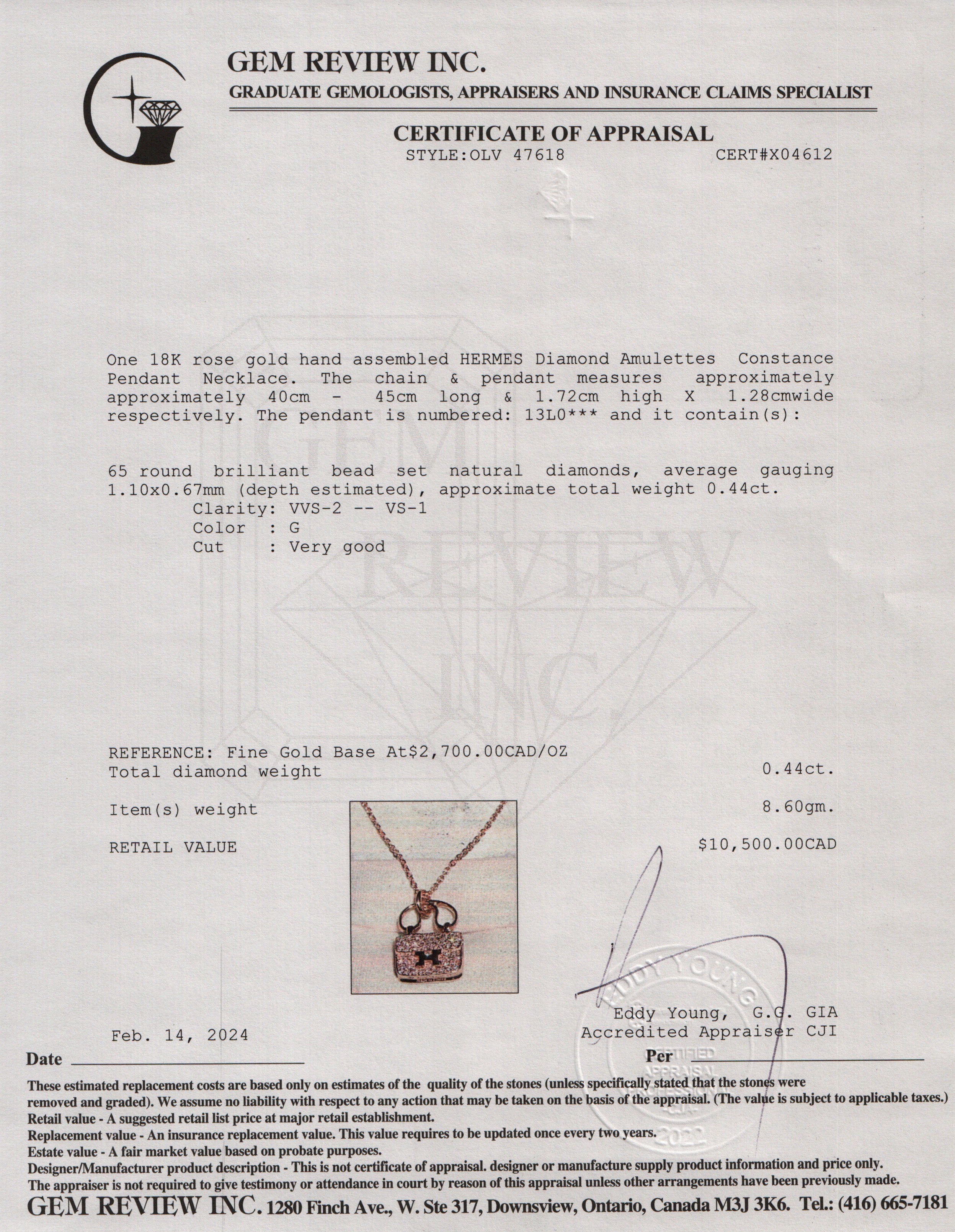 Hermes 18k Rose Gold Diamond Amulettes Constance Pendant Necklace