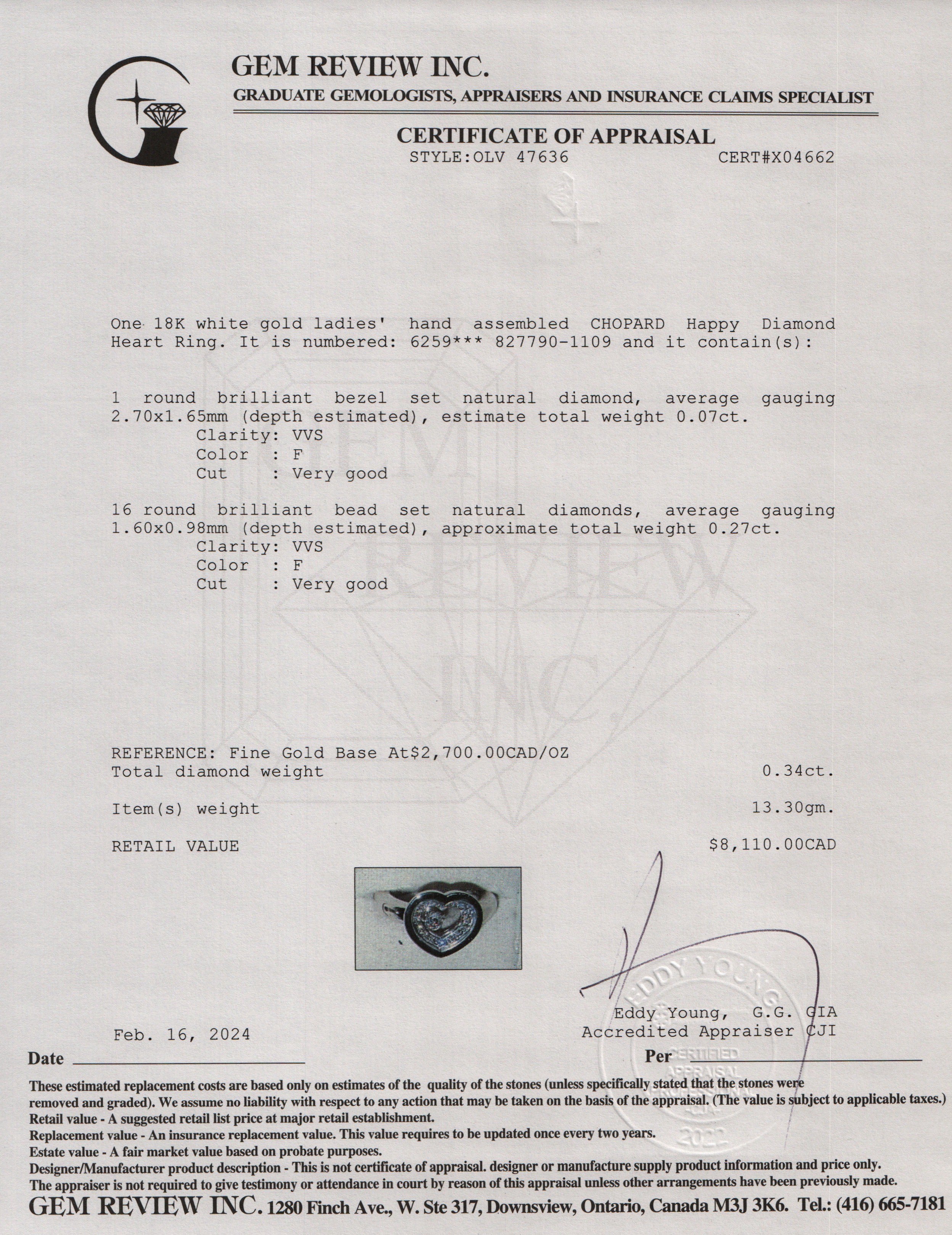 Chopard 18k White Gold Happy Diamonds Heart Ring, Size 6