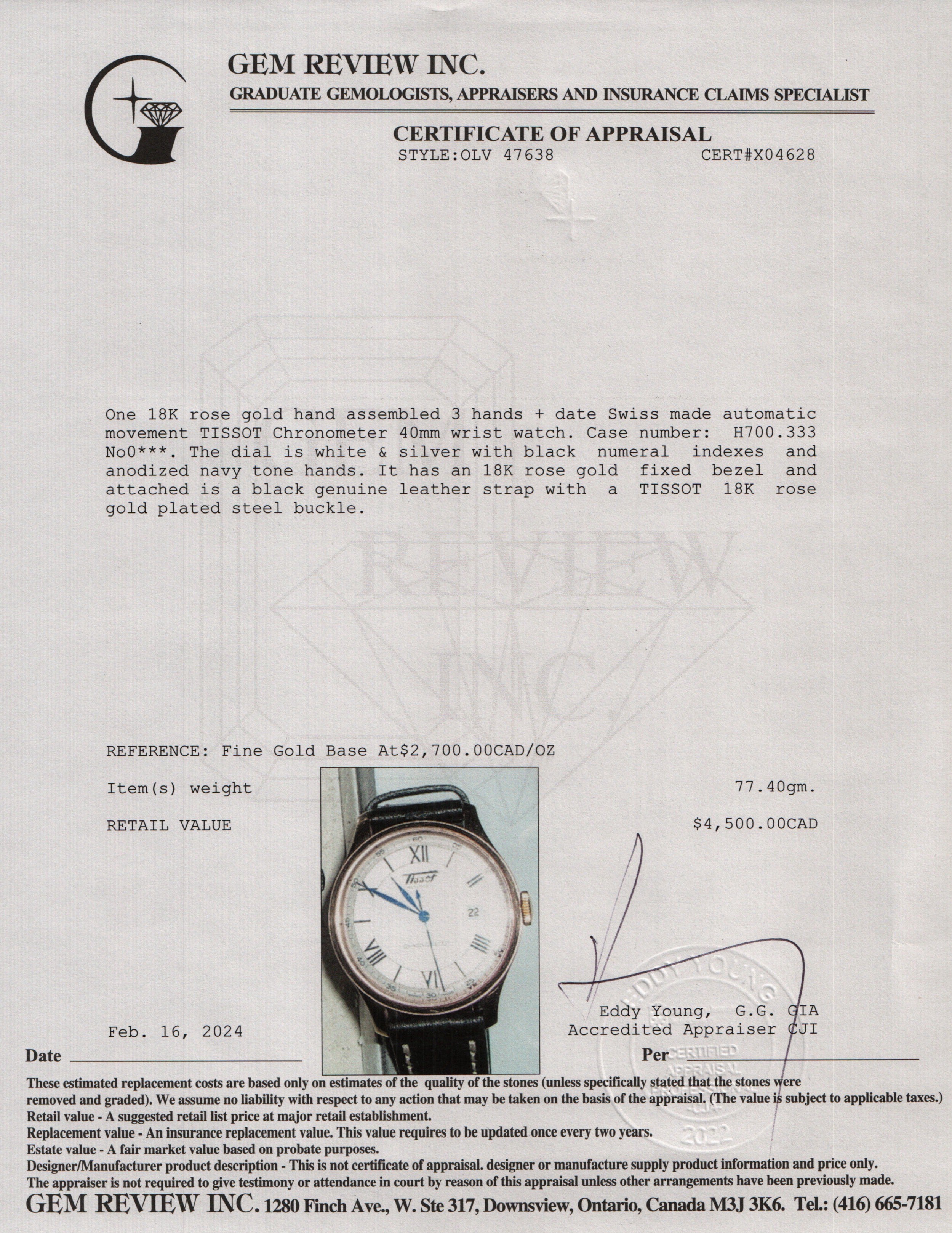 Tissot 18k Rose Gold Chronometer 40 MM Automatic Watch