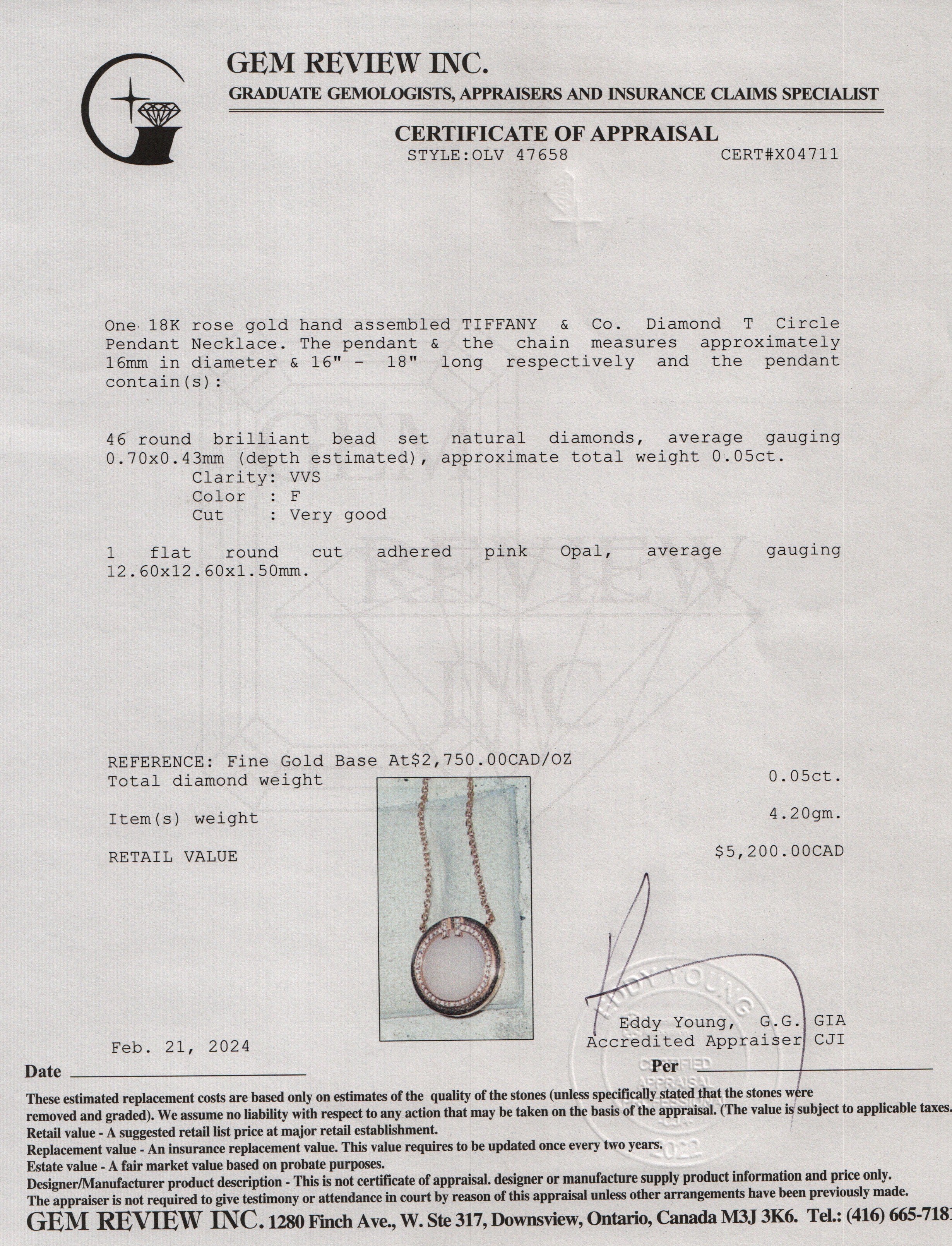 Tiffany & Co. 18k Rose Gold Diamond & Pink Opal 16 MM T Circle Pendant Necklace w/ Box