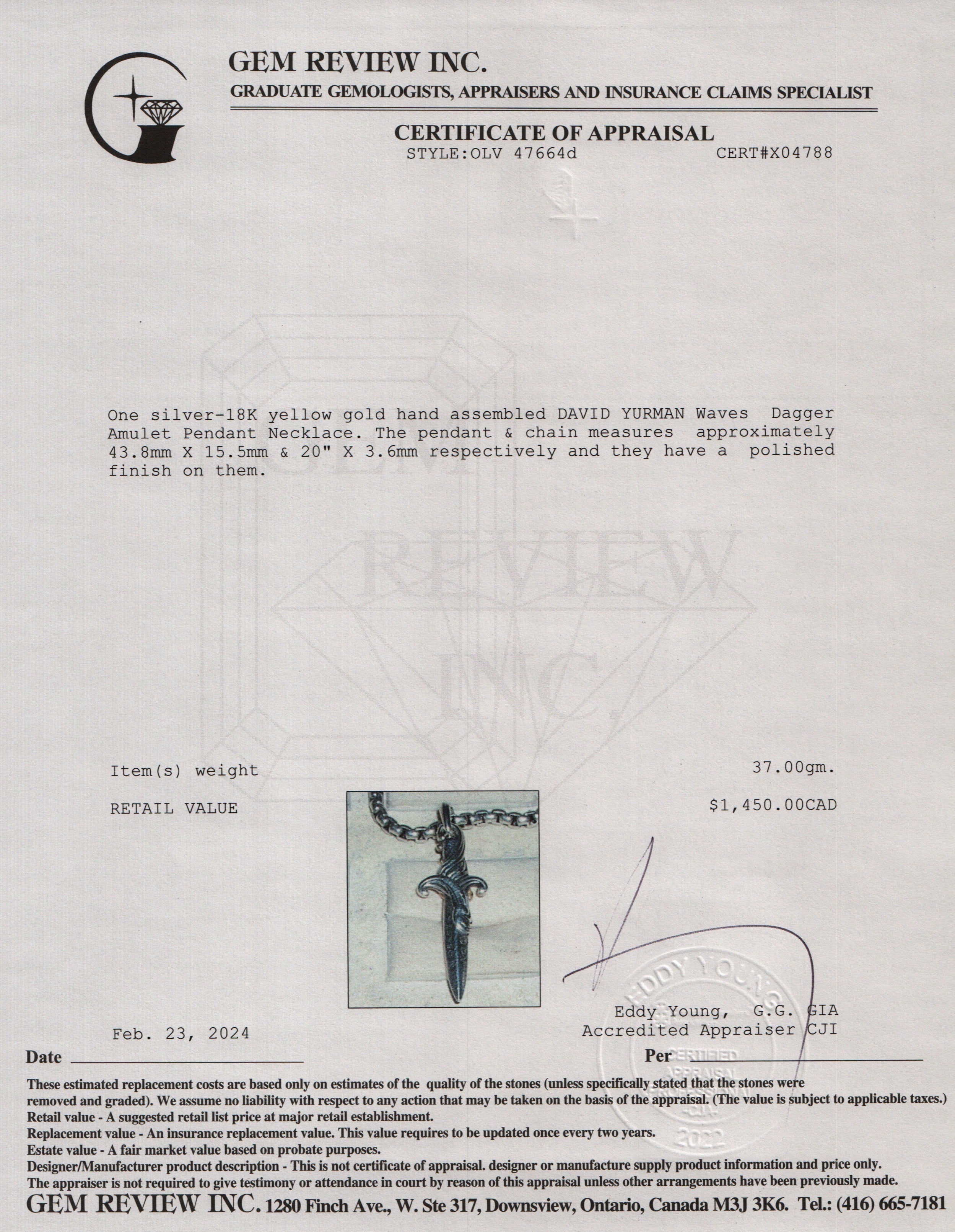 David Yurman Sterling Silver & 18k Yellow Gold Waves Dagger Amulet Necklace