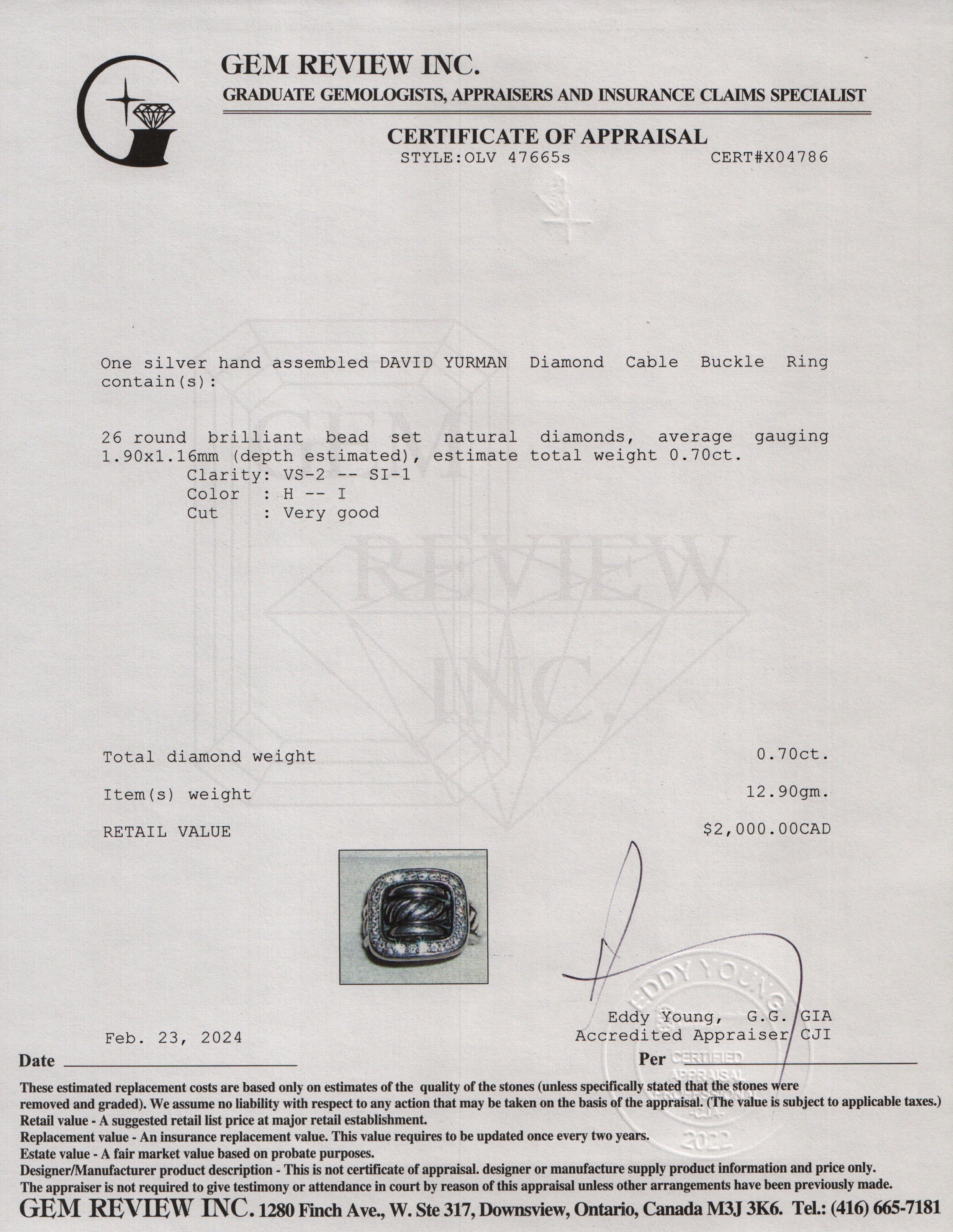 David Yurman Sterling Silver Diamond Cable Buckle Ring, Size 5.75