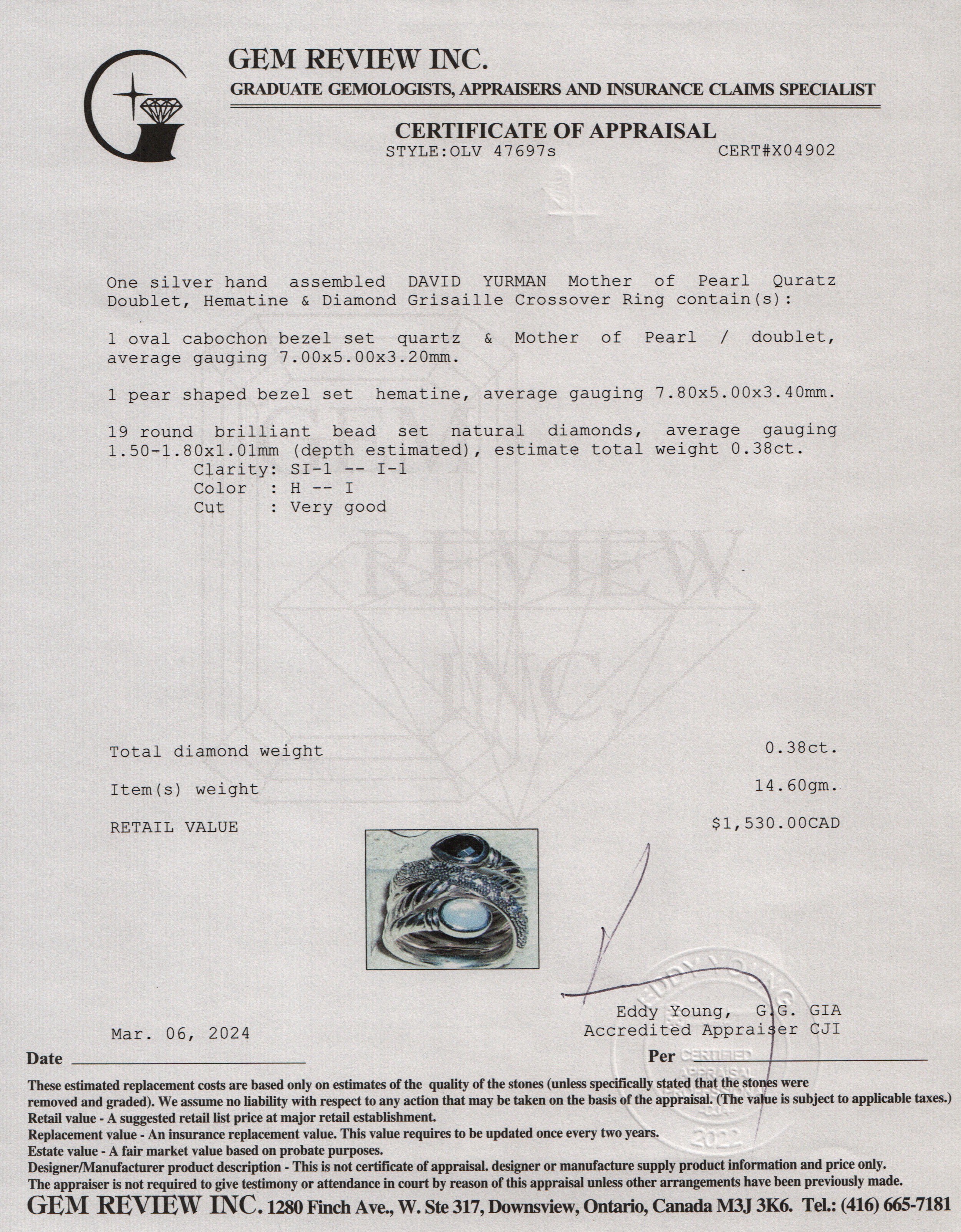 David Yurman Sterling Silver Mother of Pearl Quartz Doublet, Hematine & Diamond Grisaille Crossover Ring, Size 8