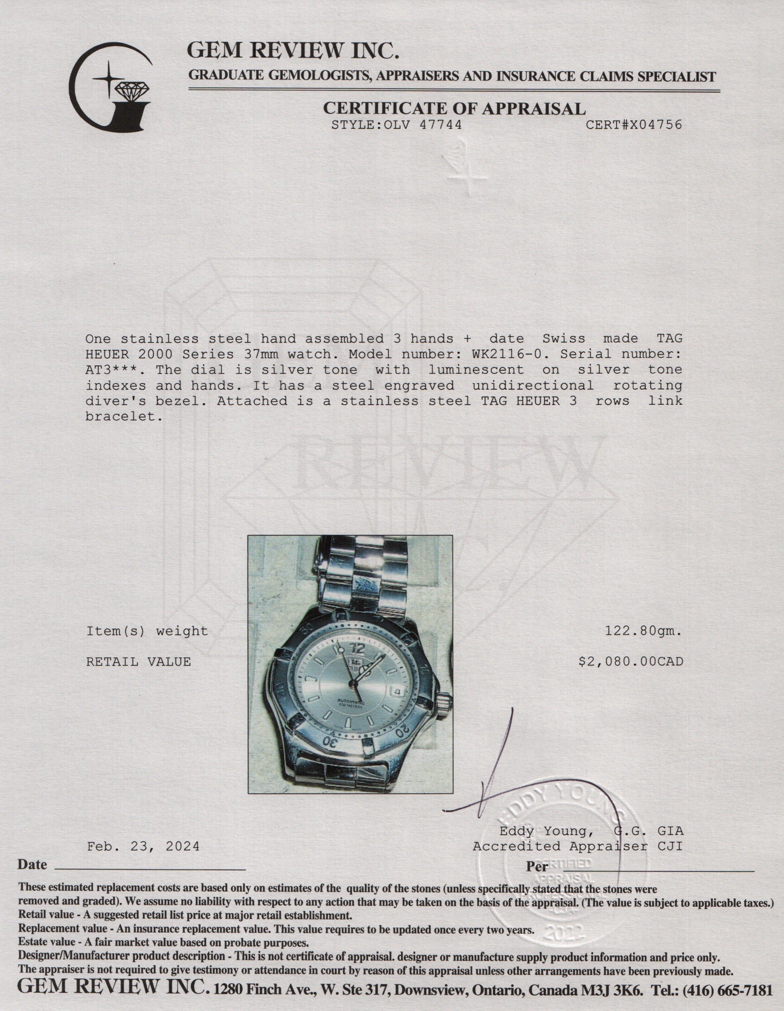 Tag Heuer Stainless Steel 2000 Series 37 MM Watch