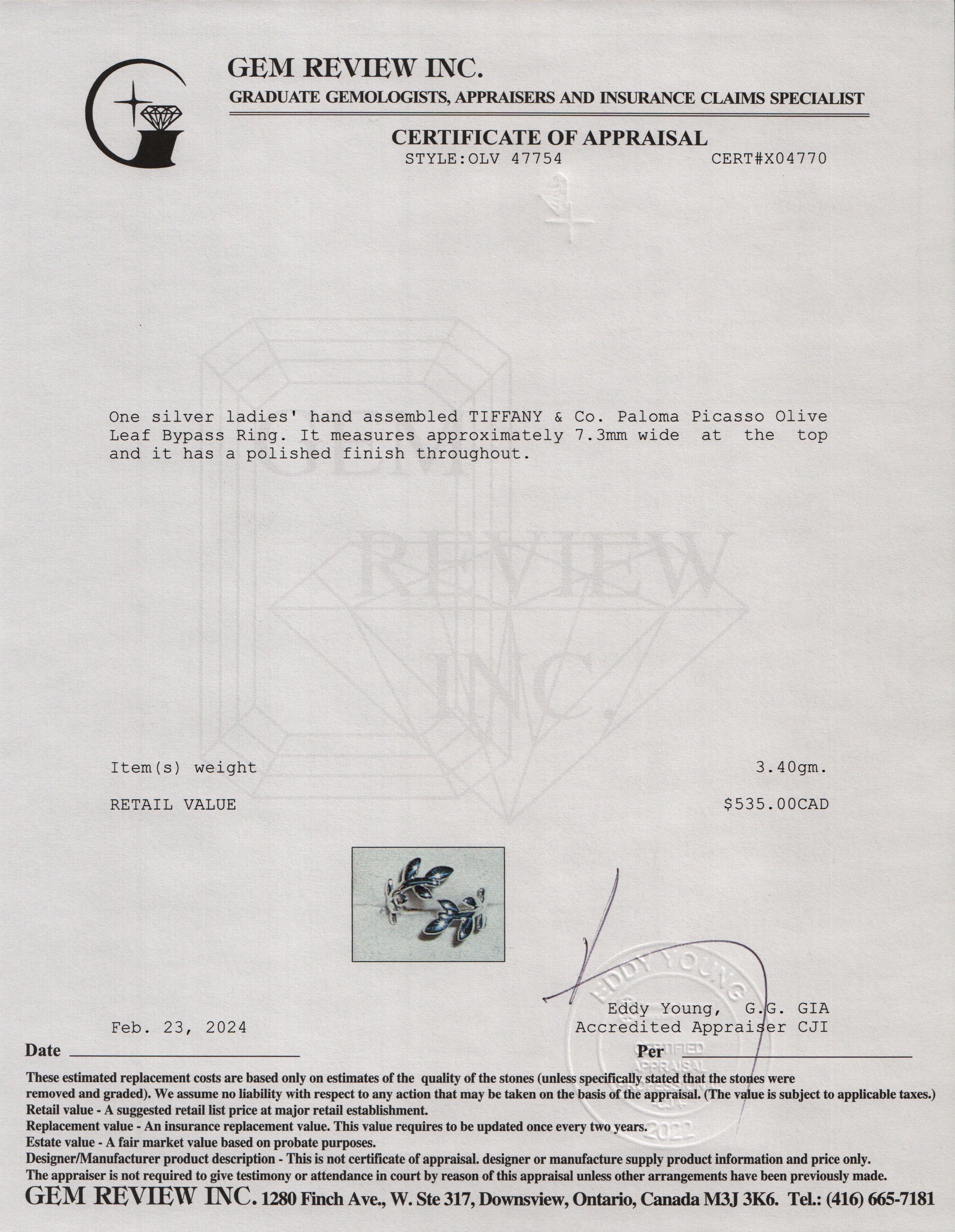 Tiffany & Co. Paloma Picasso Sterling Silver Olive Leaf Bypass Ring, Size 6.5