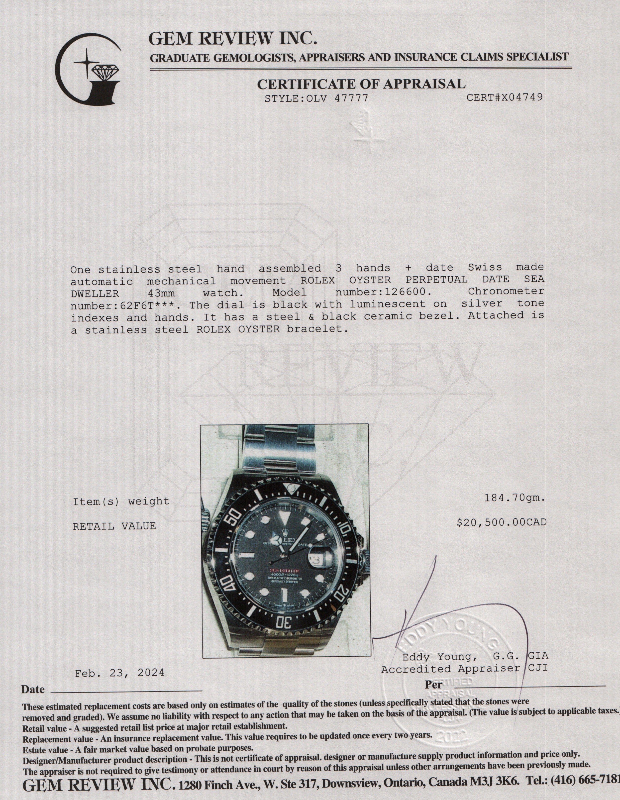 Rolex Stainless Steel Sea-Dweller 43 MM Automatic Watch w/ Papers