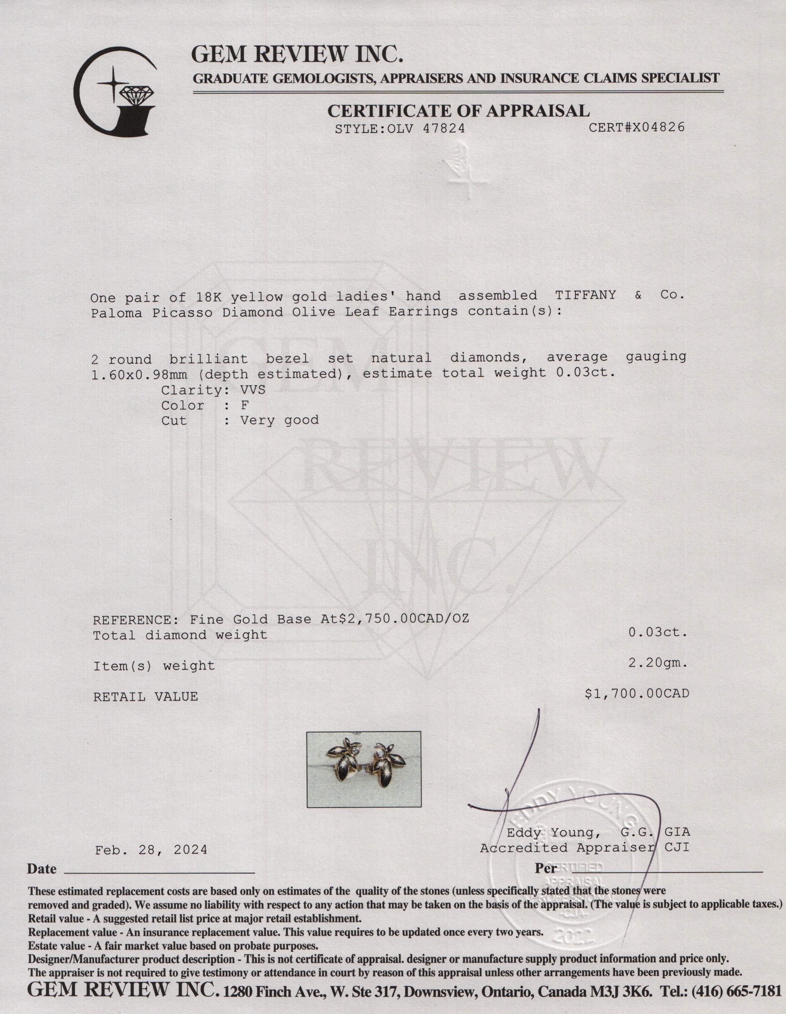 Tiffany & Co. Paloma Picasso 18k Yellow Gold Diamond Olive Leaf Earrings w/ Box