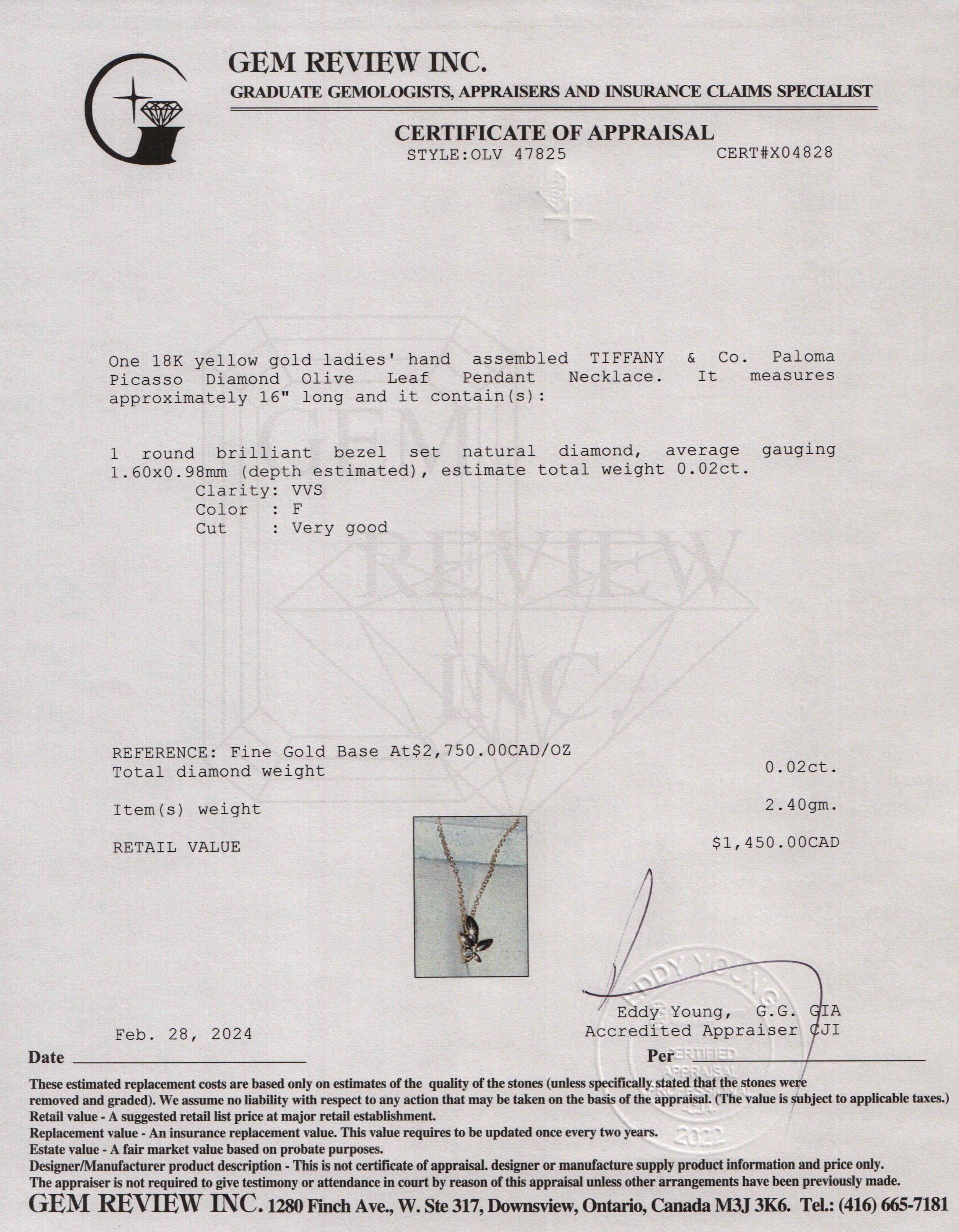 Tiffany & Co. Paloma Picasso 18k Yellow Gold Diamond Mini Olive Leaf Pendant Necklace w/ Box & Receipt