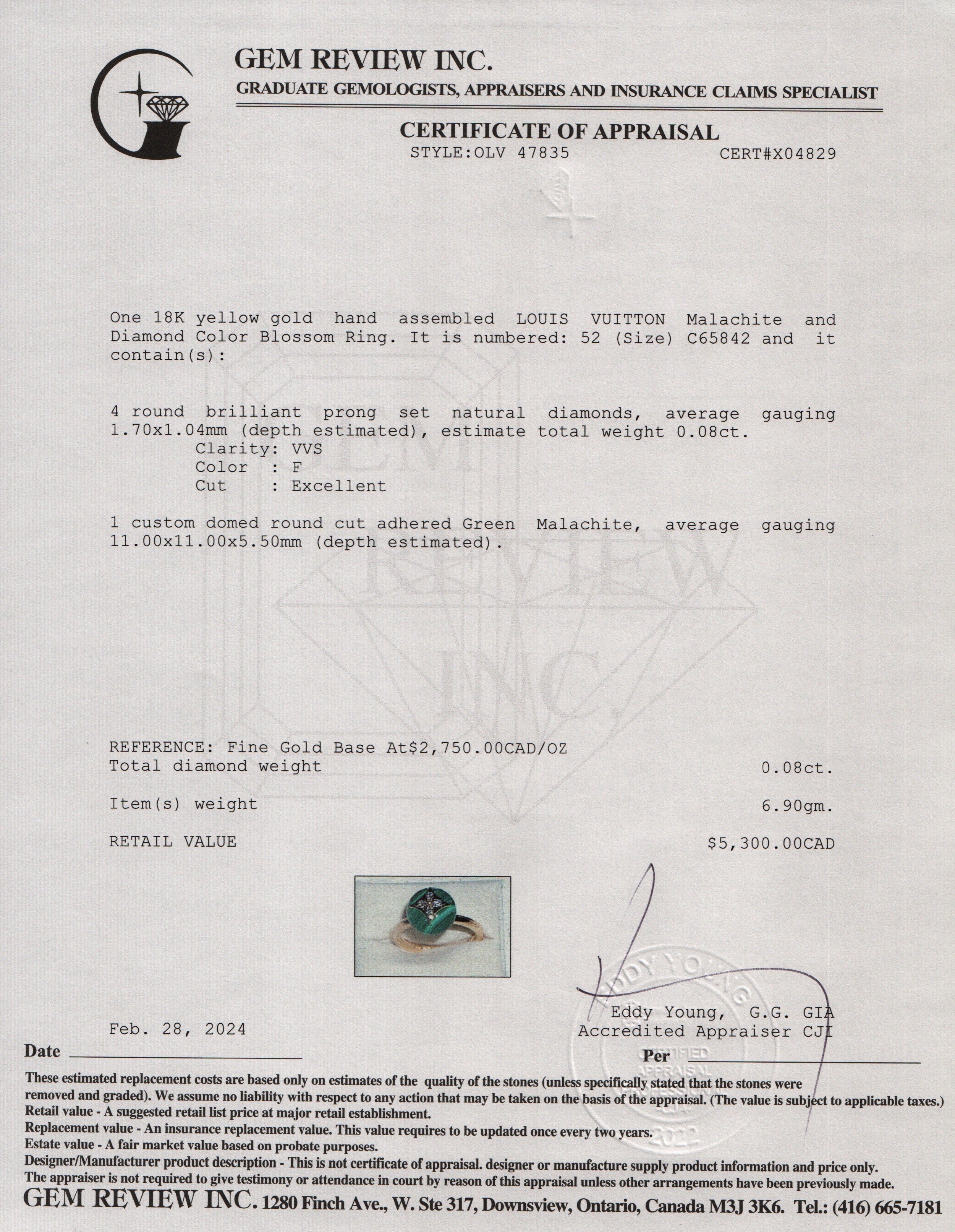 Louis Vuitton 18k Yellow Gold Malachite & Diamond Color Blossom Ring, Size 52 6