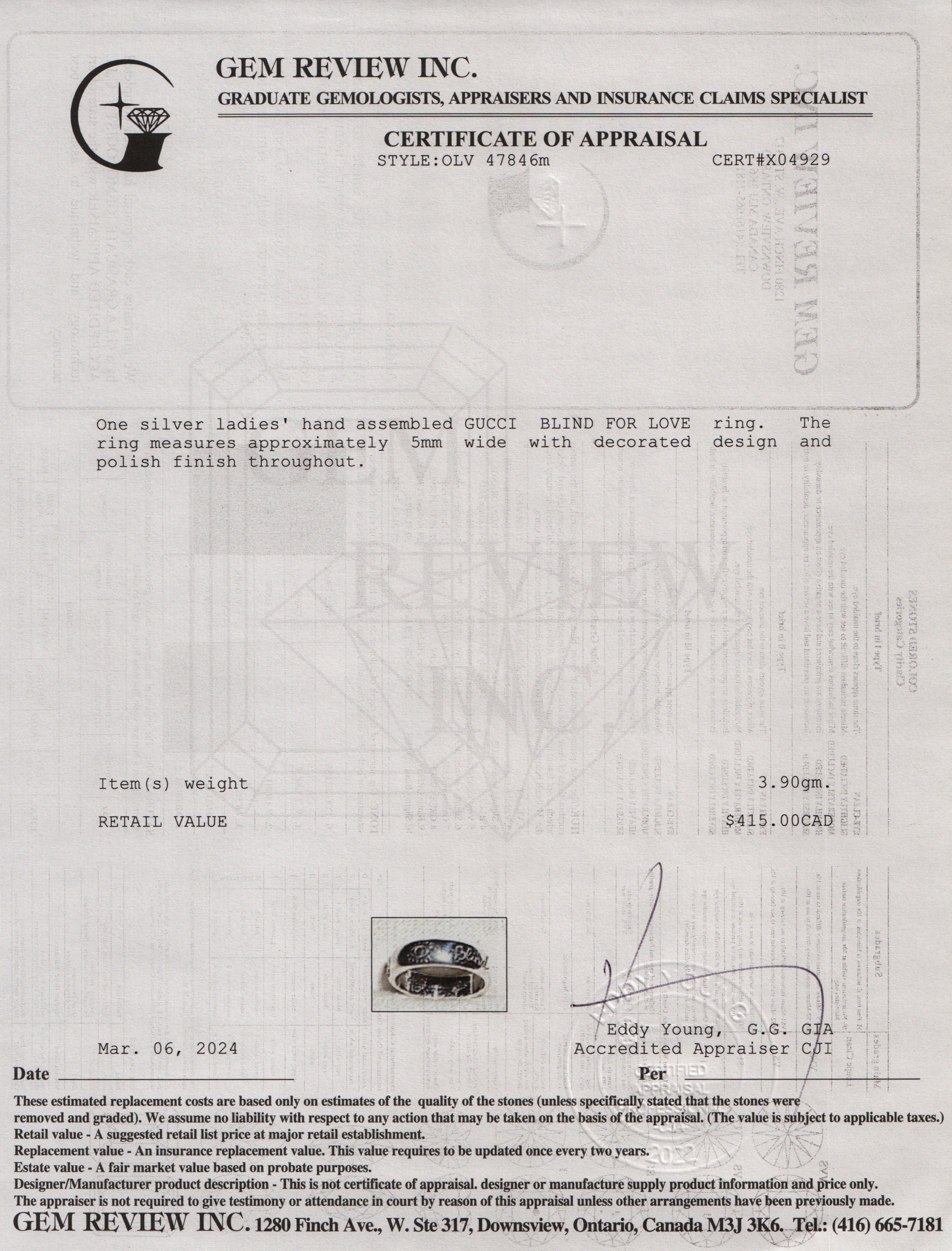 Gucci Sterling Silver Blind for Love 5 MM Band Ring, Size 14 6.75