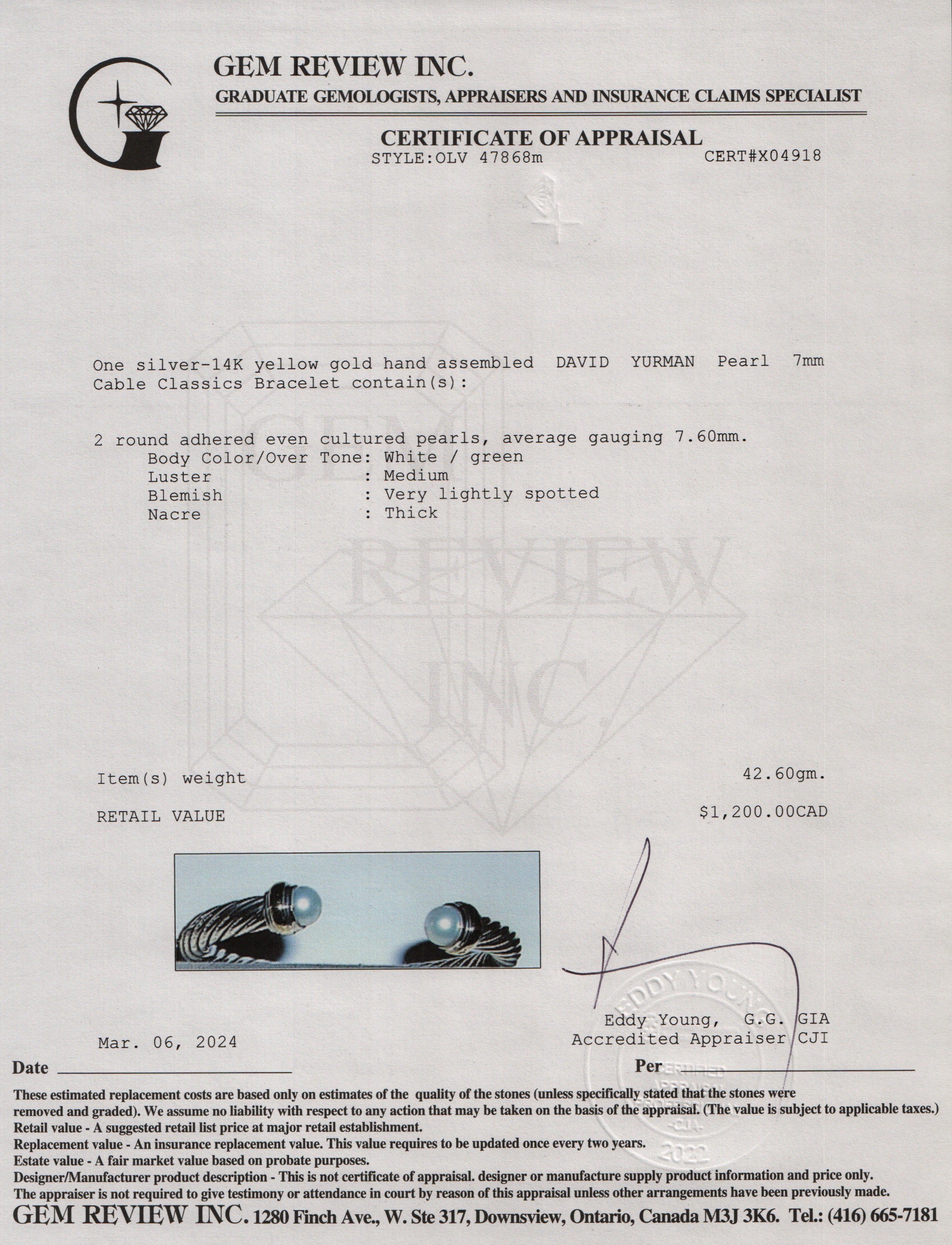 David Yurman Sterling Silver & 14k Yellow Gold Pearl 7 MM Cable Classics Bracelet