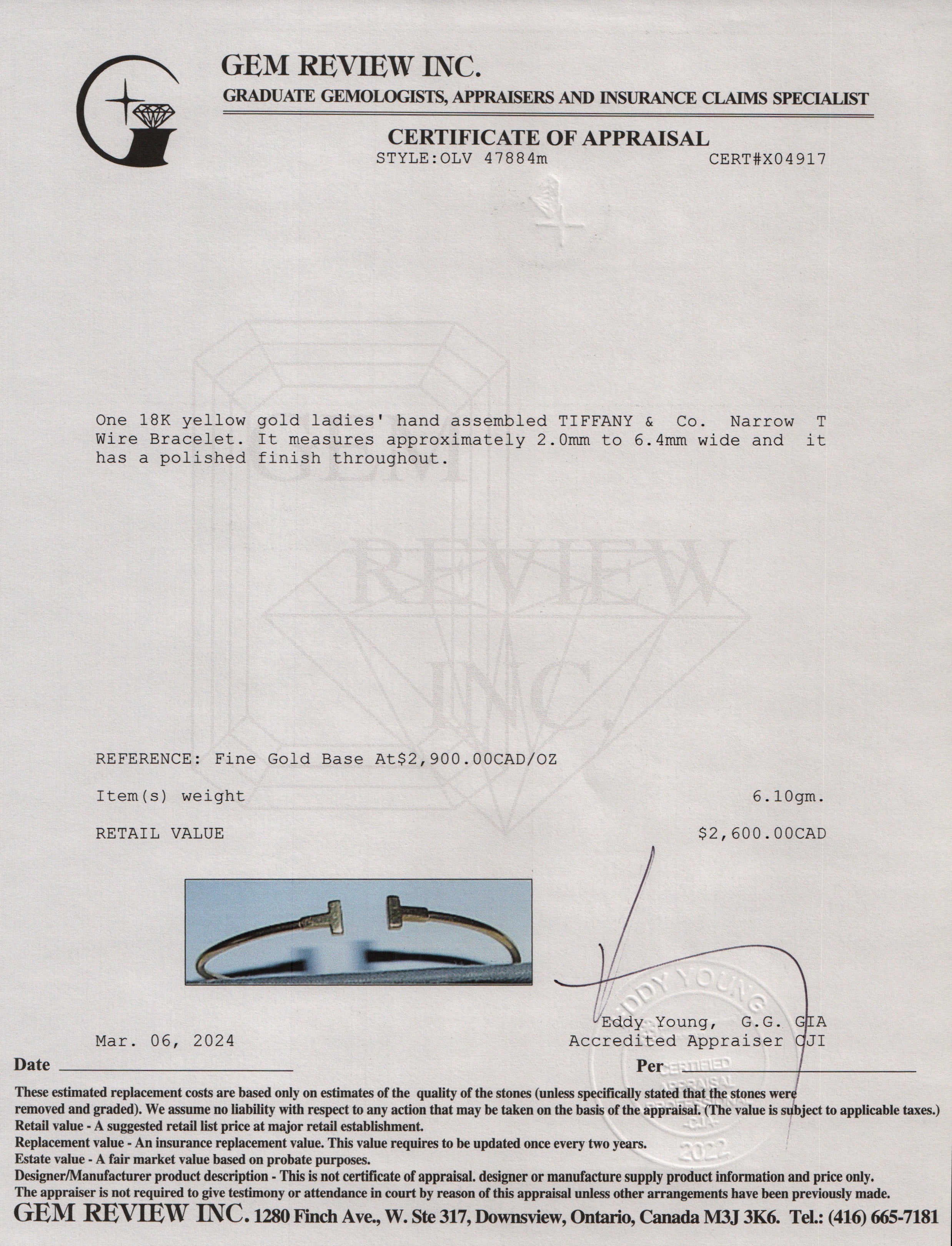 Tiffany & Co. 18k Yellow Gold Narrow T Wire Bracelet w/ Box