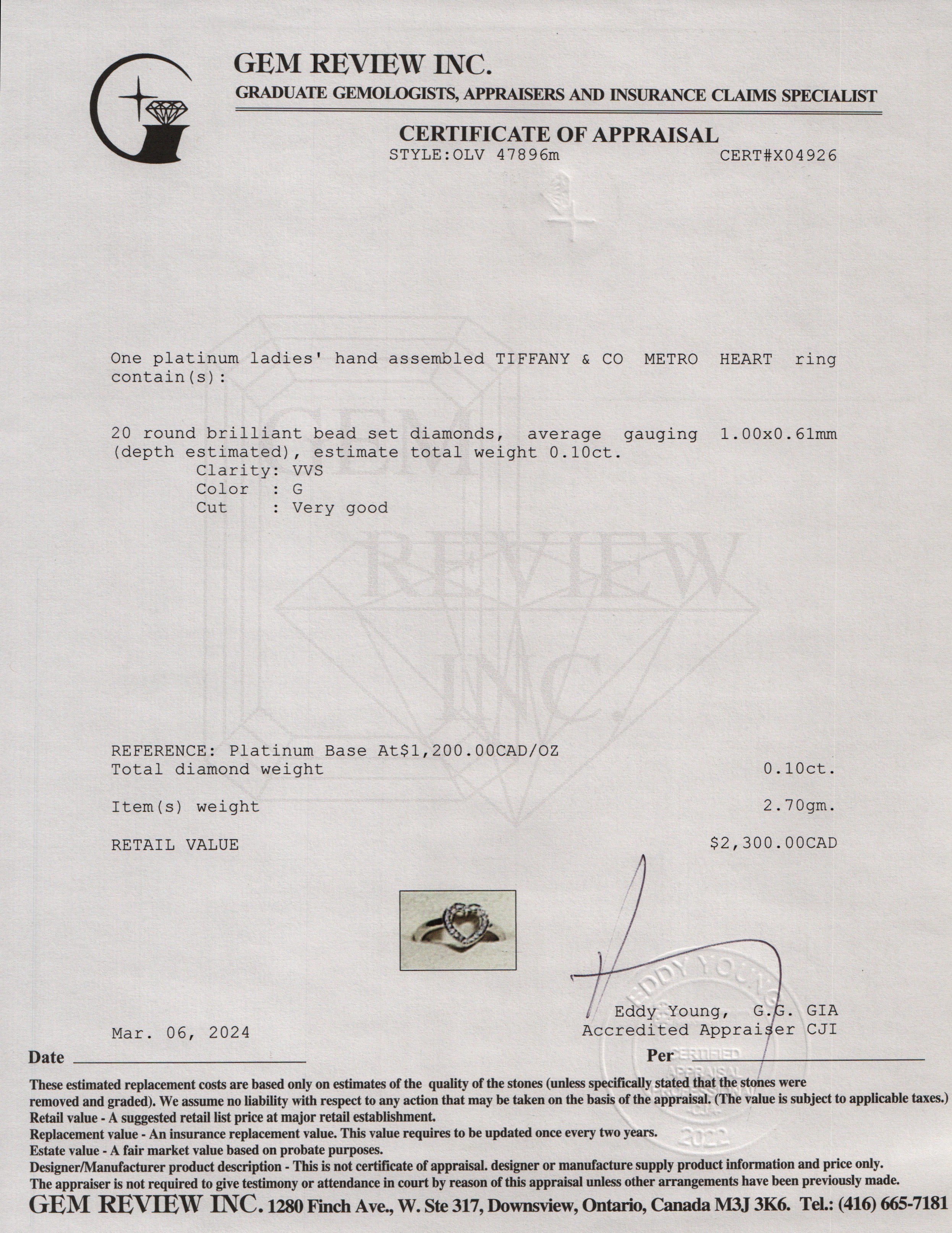 Tiffany & Co. Platinum Diamond Metro Heart Ring, Size 5