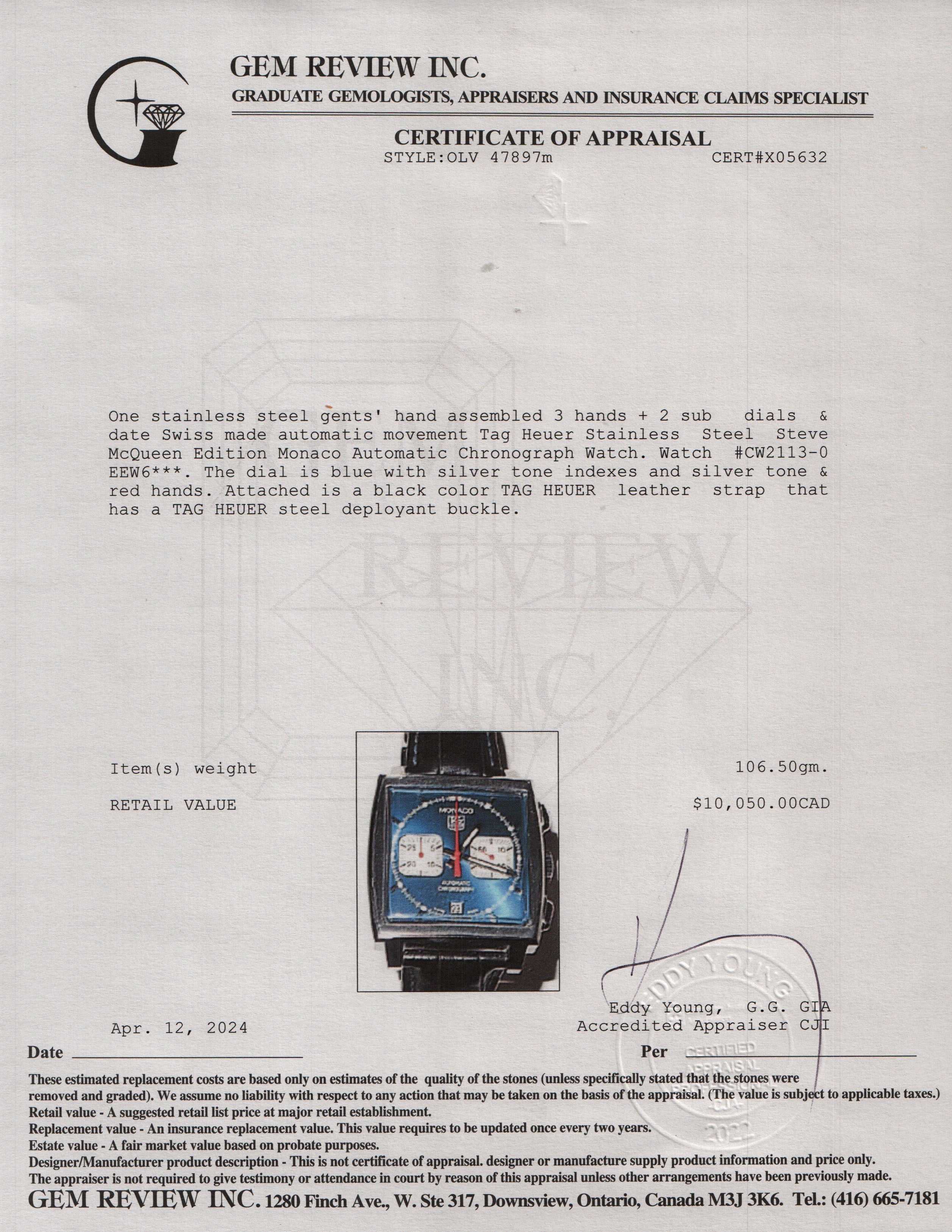 Tag Heuer Stainless Steel Steve McQueen Edition Monaco Automatic Chronograph Watch